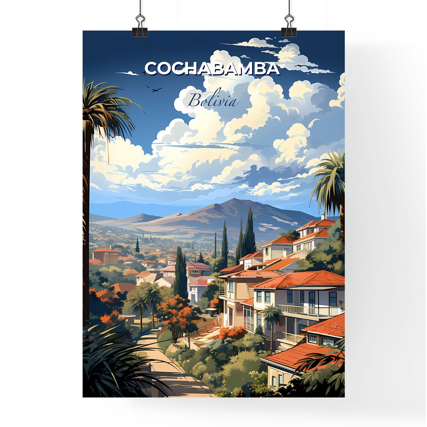 Cochabamba Skyline Landscape Art - Vibrant Cityscape Painting with Palm Trees and Mountain Views Default Title