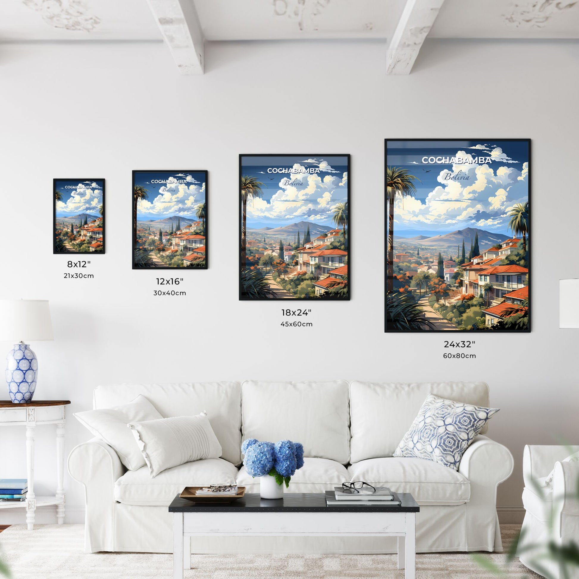 Cochabamba Skyline Landscape Art - Vibrant Cityscape Painting with Palm Trees and Mountain Views Default Title