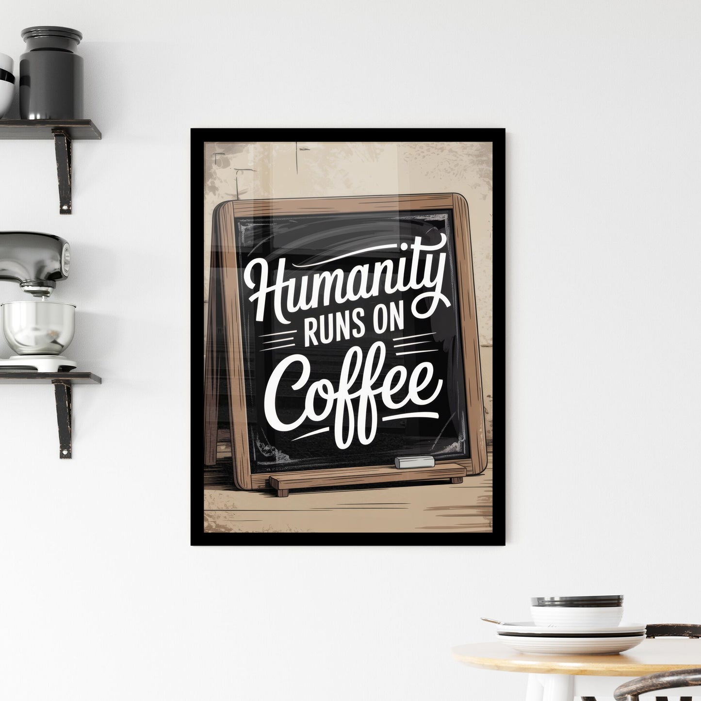 Coffee Lovers' Cafe Signage: Embracing Humanity's Dependence on Coffee for Daily Energy and Inspiration. Framed Print
