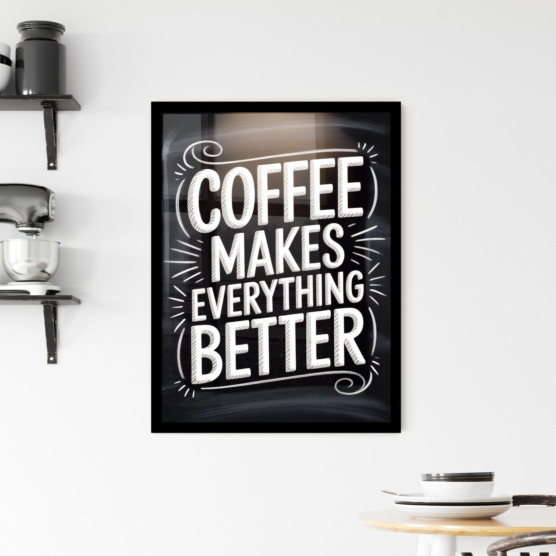 Coffee Makes Everything Better: A Whimsical Chalkboard Design Celebrating the Love for Coffee Framed Print