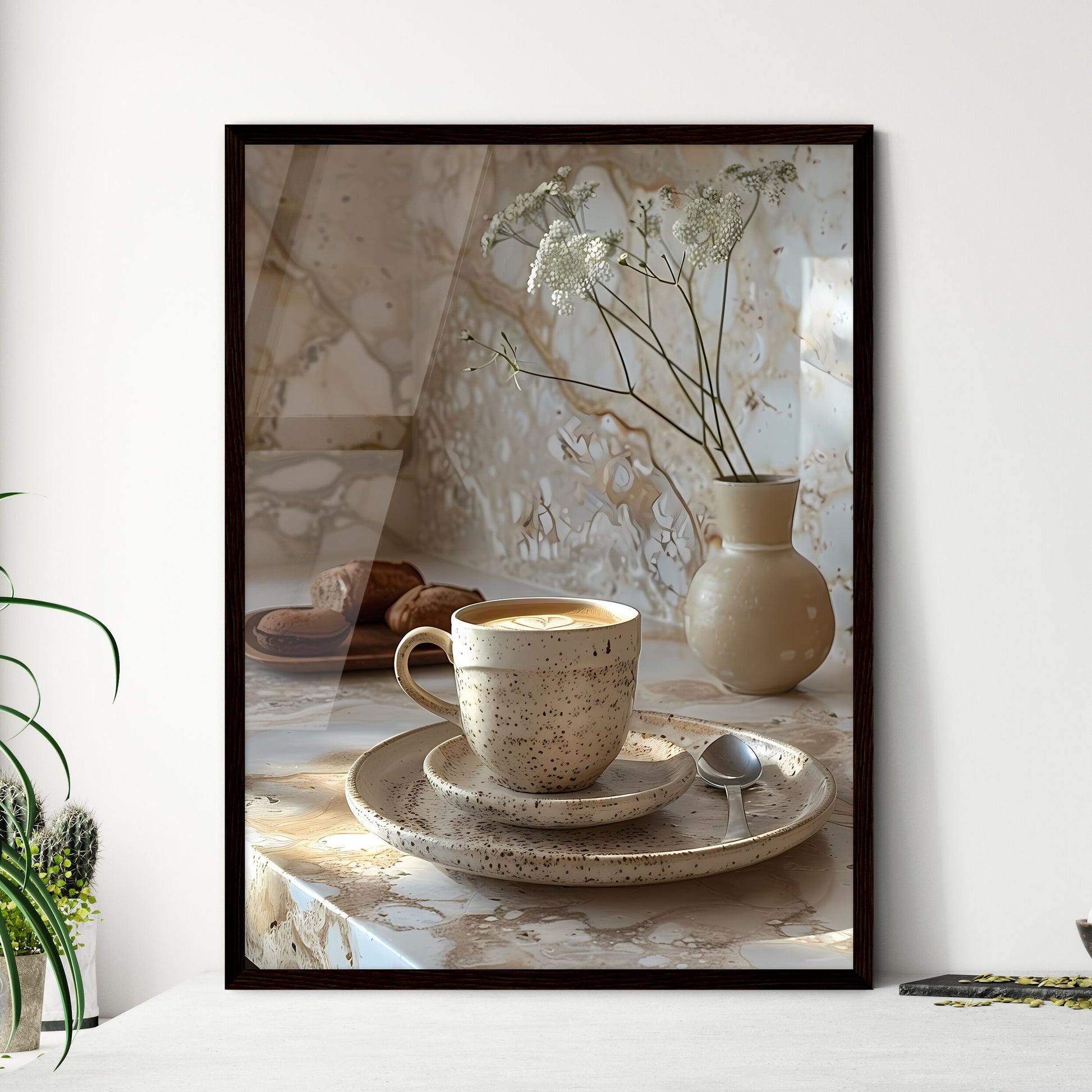 Neo-concrete still life with coffee cup, vase, and flowers, hyper-realistic water, provia film, light brown and white, drugcore, painting Default Title