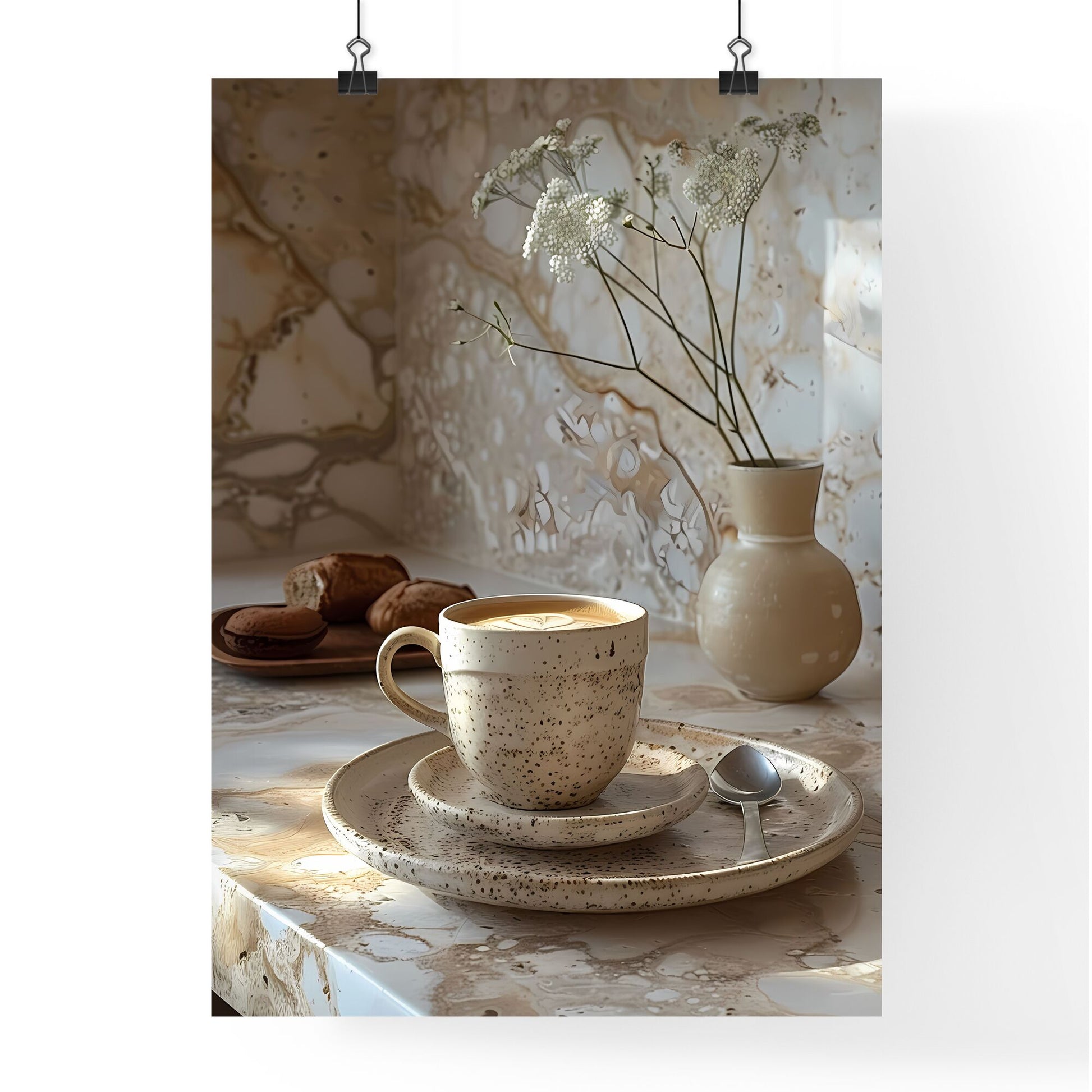 Neo-concrete still life with coffee cup, vase, and flowers, hyper-realistic water, provia film, light brown and white, drugcore, painting Default Title