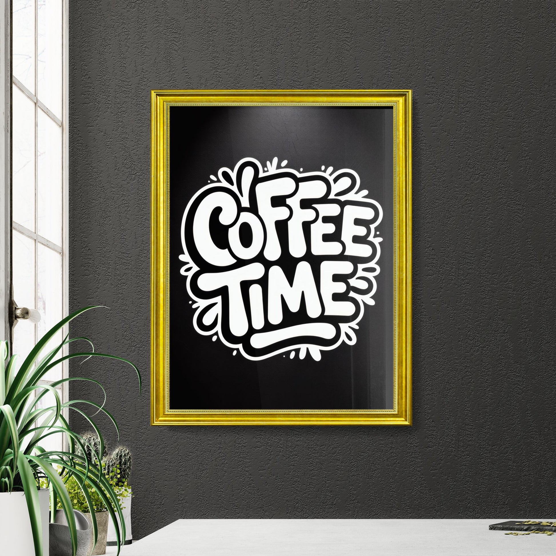 Coffee Time: Bold White Typography on a Black Background for a Modern Café Atmosphere.