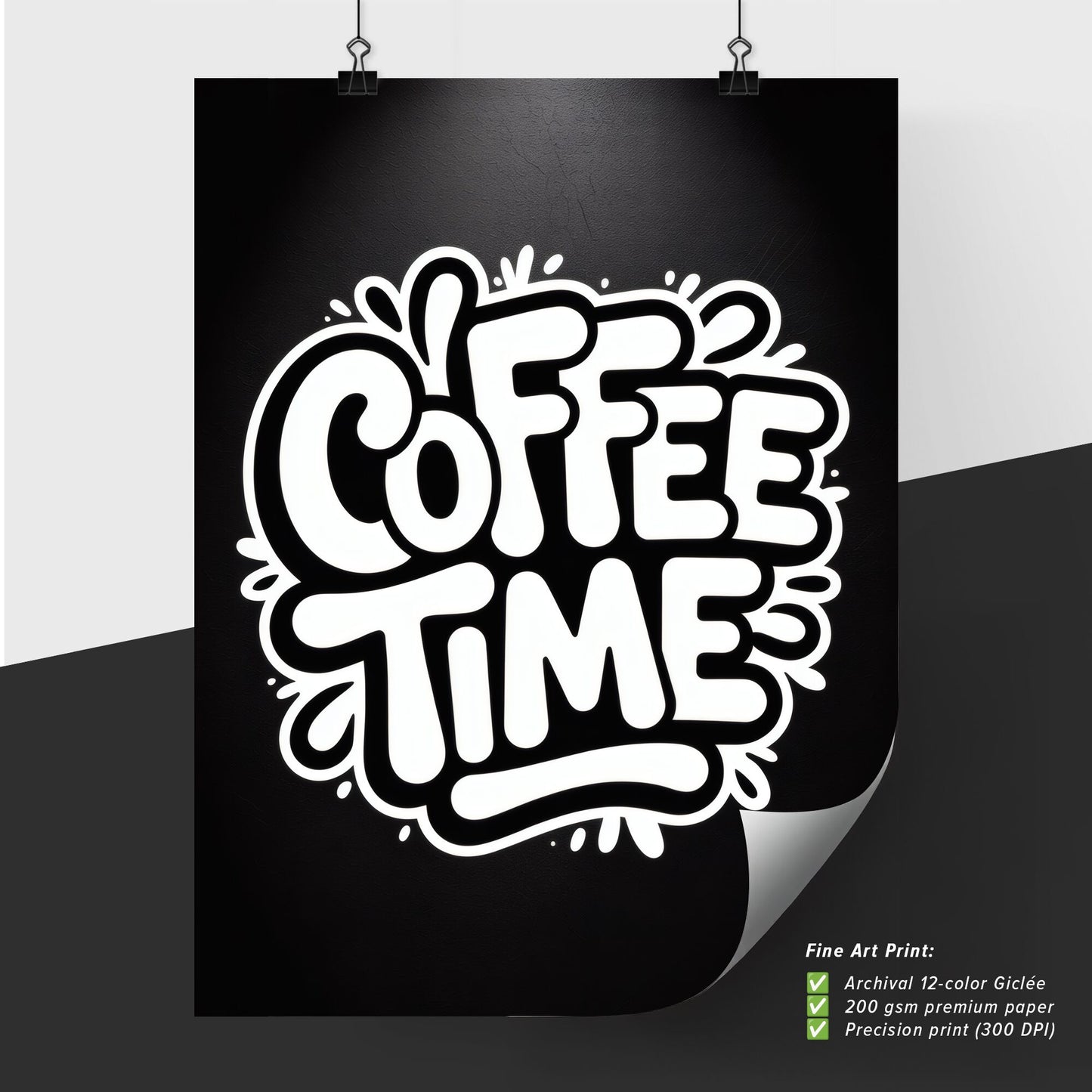 Coffee Time: Bold White Typography on a Black Background for a Modern Café Atmosphere.