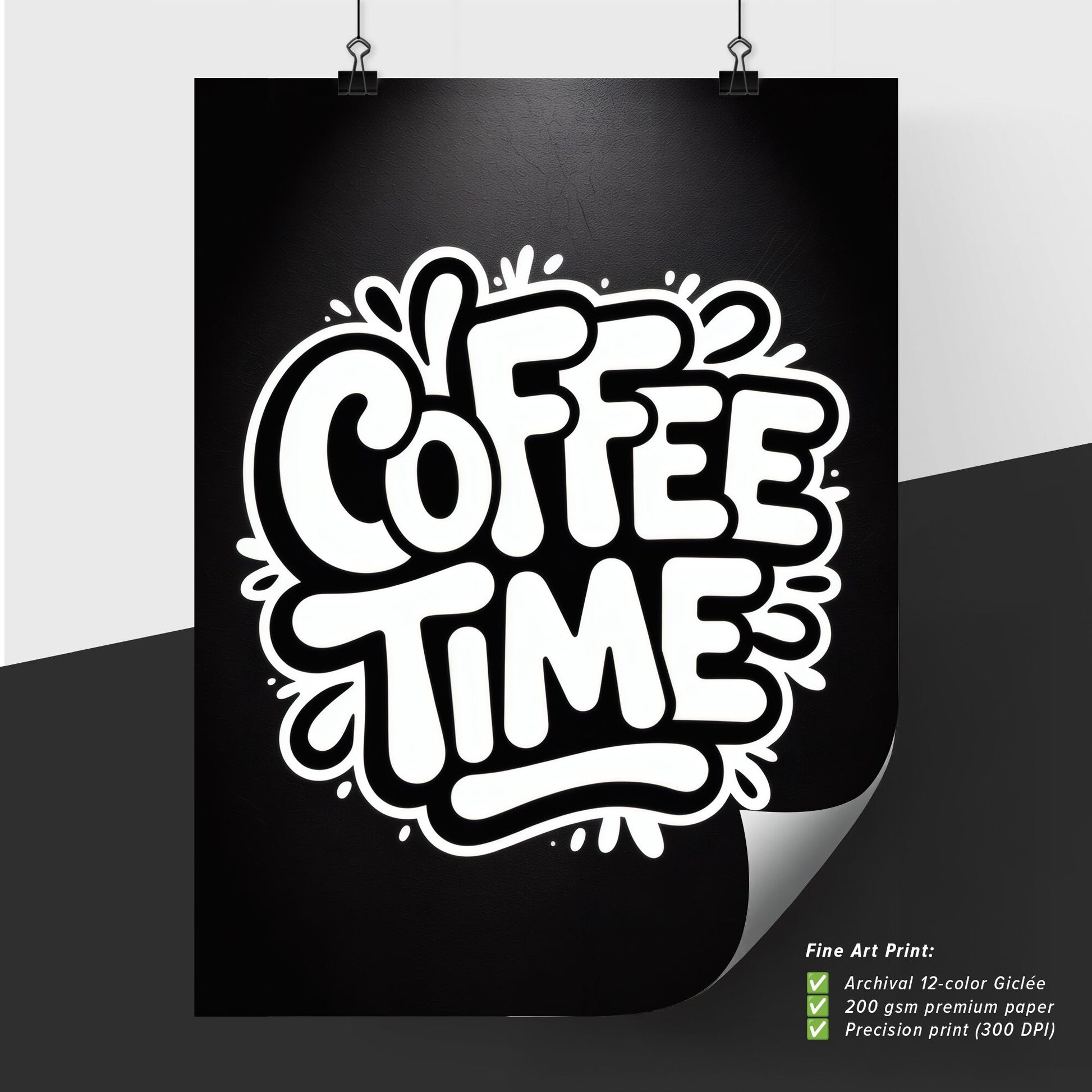 Coffee Time: Bold White Typography on a Black Background for a Modern Café Atmosphere.