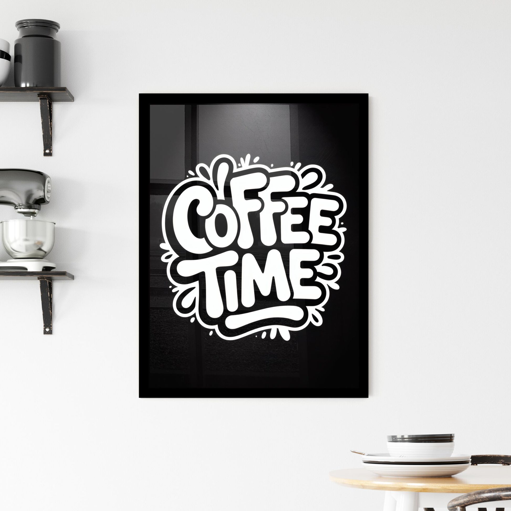 Coffee Time: Bold White Typography on a Black Background for a Modern Café Atmosphere. Framed Print