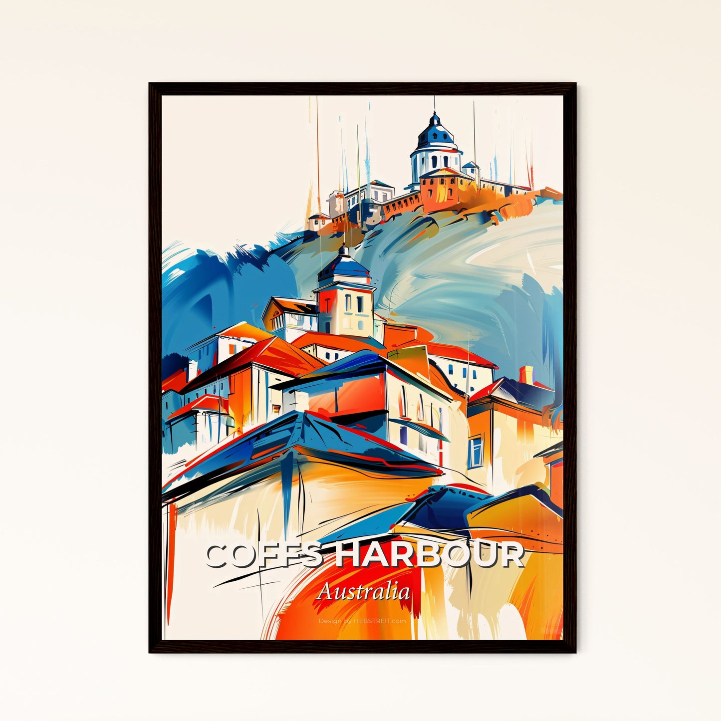 Vibrant Coffs Harbour, Australia - A Painting Of A Town On A Hill