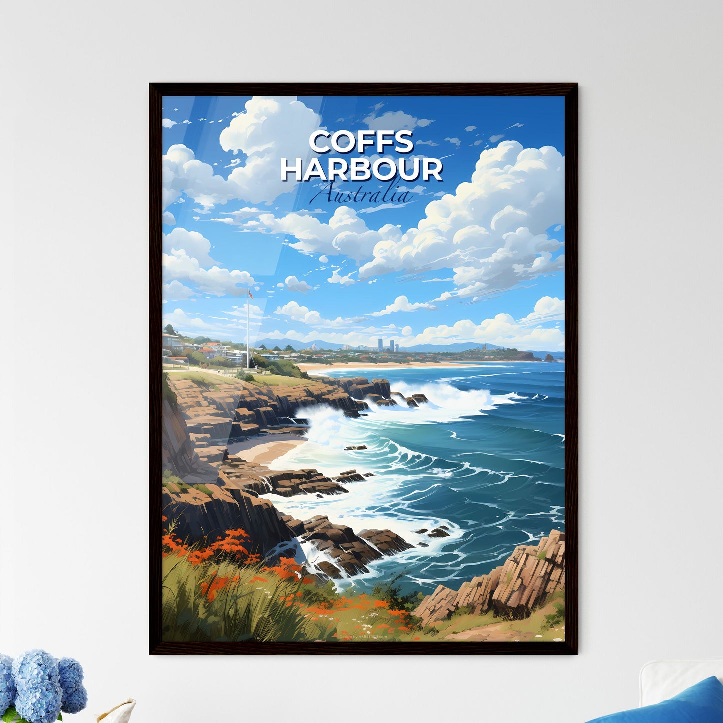 Coffs Harbour Australia City Skyline Panoramic View Painting Waves Rocky Beach Crashing Shore Default Title