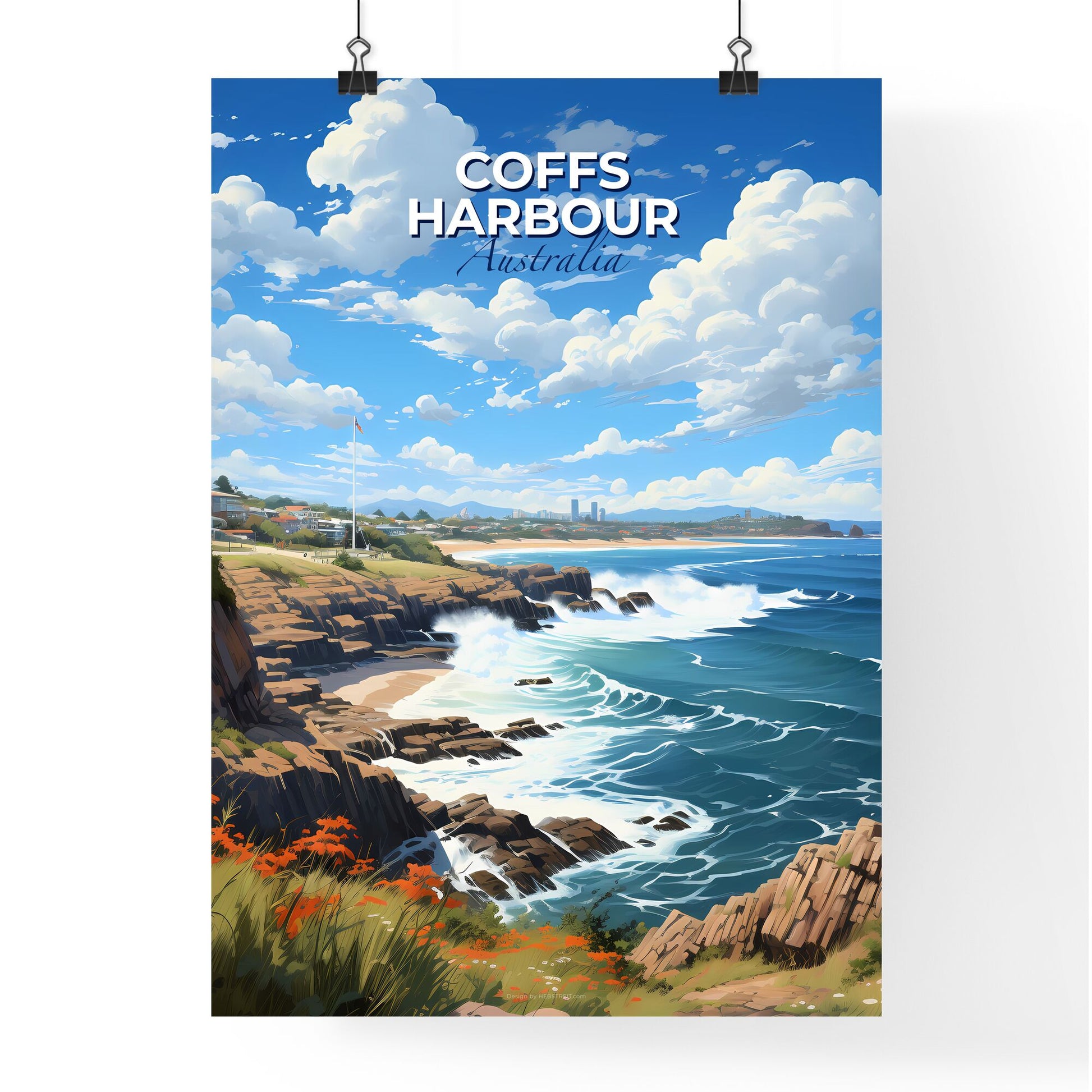 Coffs Harbour Australia City Skyline Panoramic View Painting Waves Rocky Beach Crashing Shore Default Title