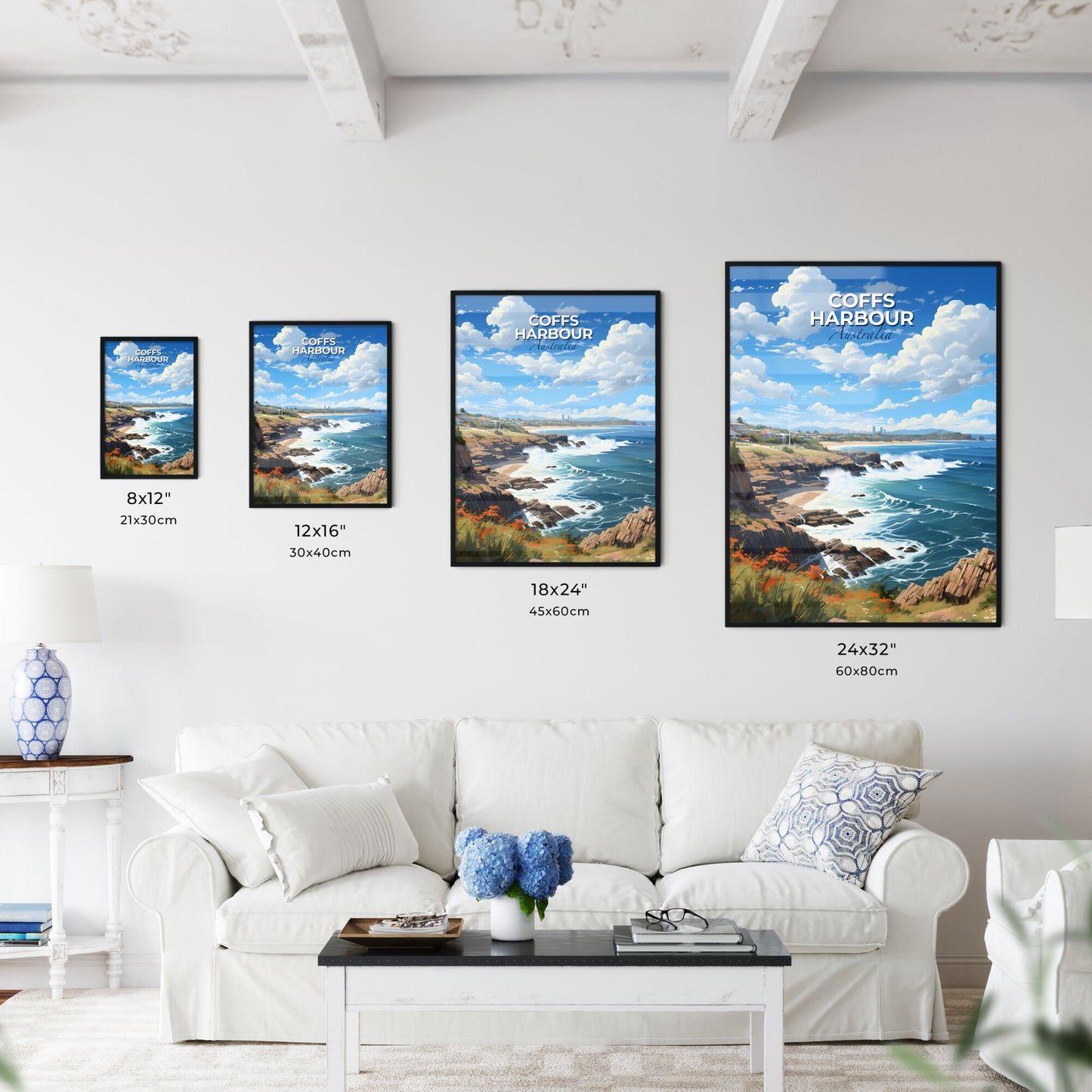 Coffs Harbour Australia City Skyline Panoramic View Painting Waves Rocky Beach Crashing Shore Default Title