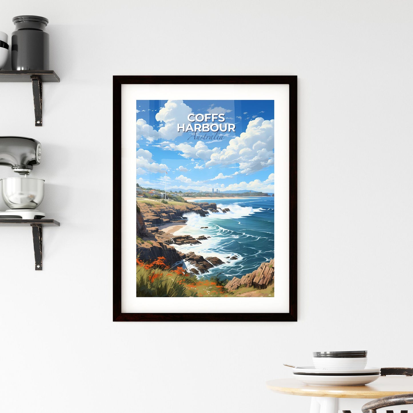 Coffs Harbour Australia City Skyline Panoramic View Painting Waves Rocky Beach Crashing Shore Default Title