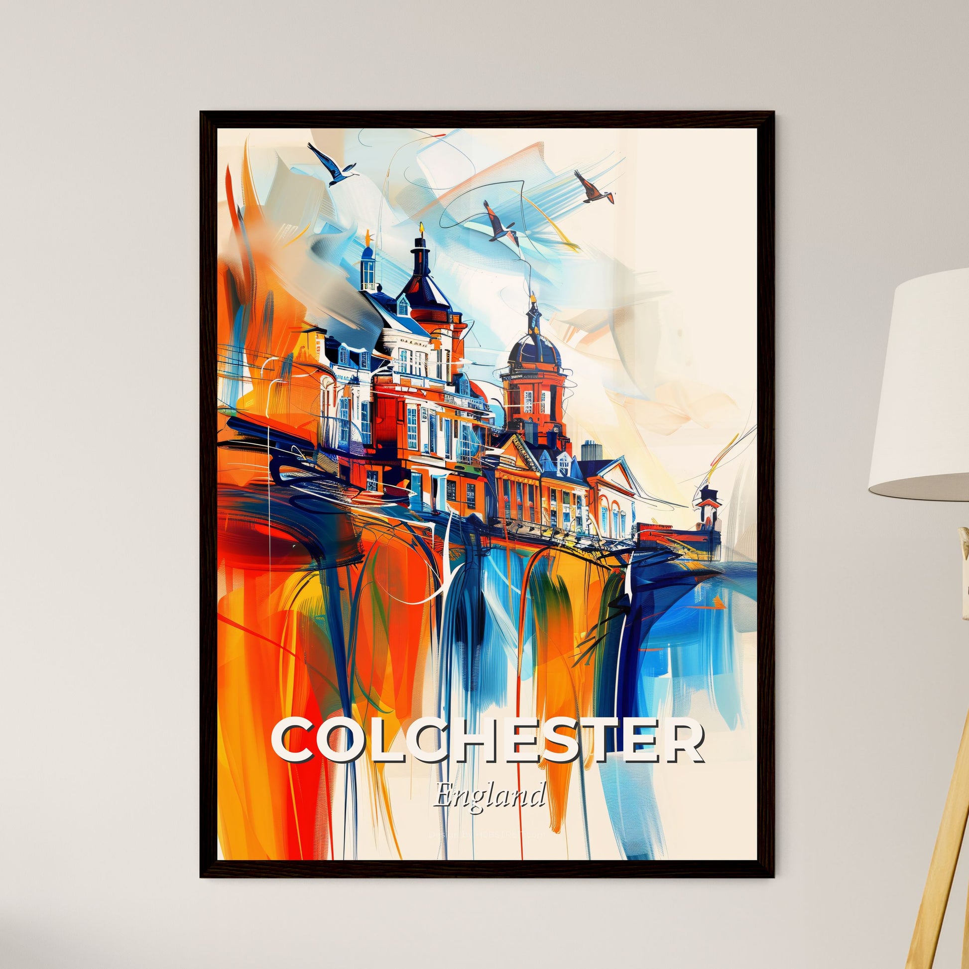 Vibrant Colchester, England - A Painting Of A Building With Birds Flying