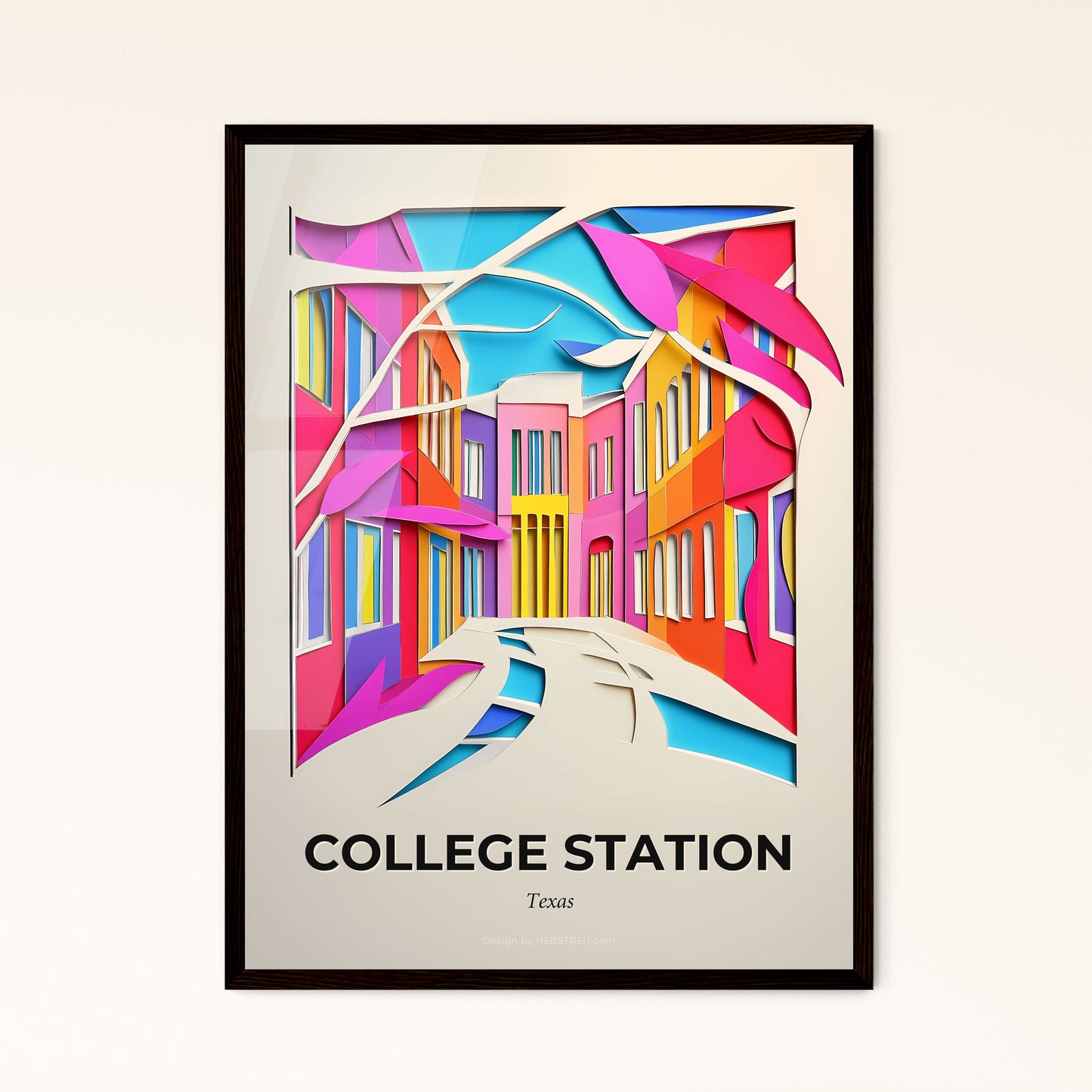 Vivid College Station, Texas - a paper cut of a colorful city street