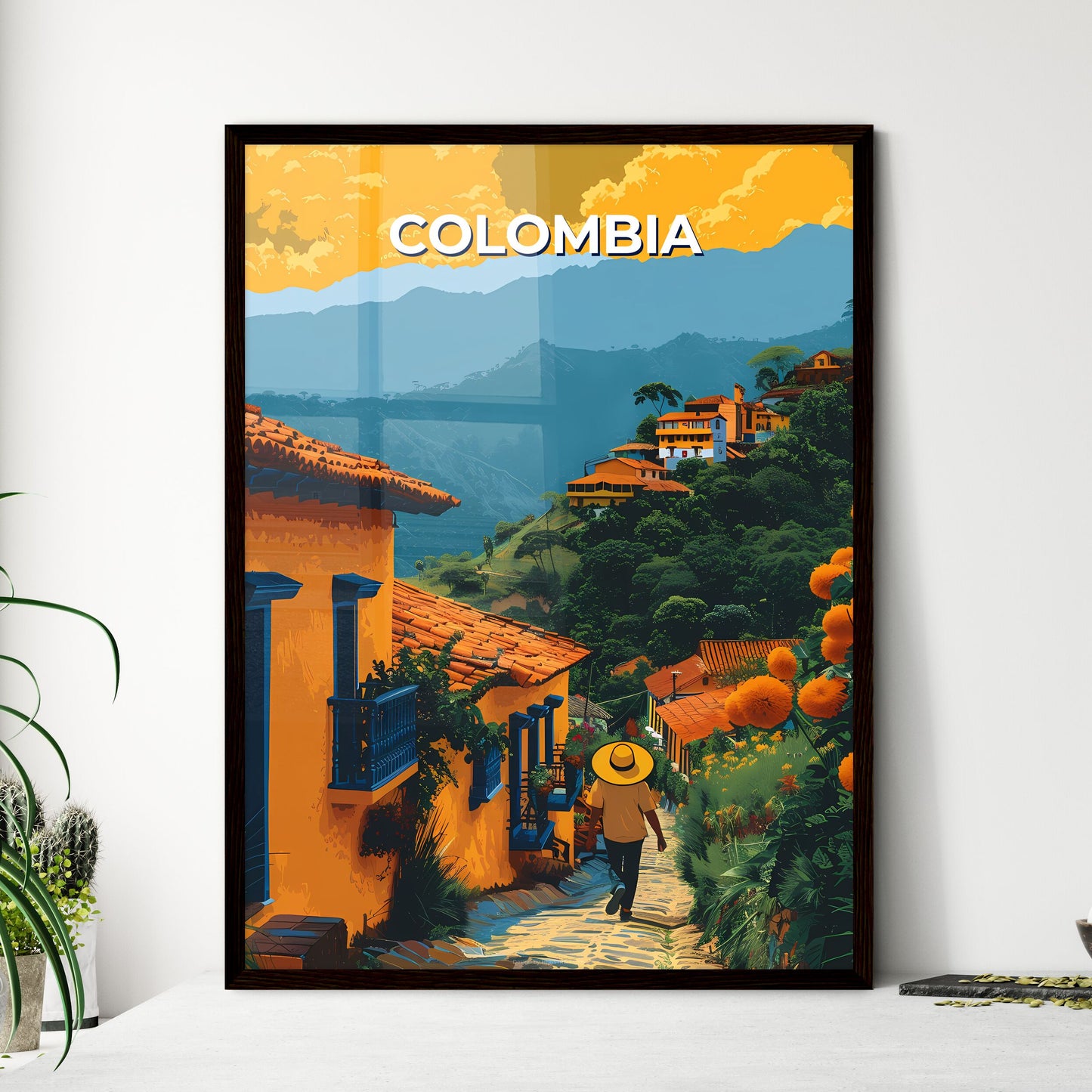 Colombia, South America - Person on path in vibrant orange cityscape with mountain backdrop, painting