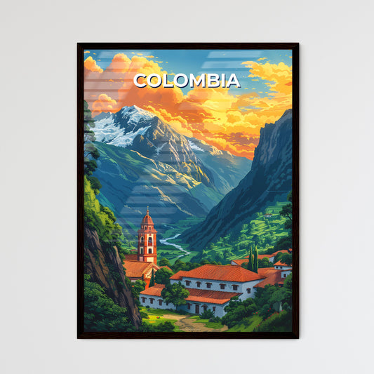 Painting showcasing mountainous Colombia landscape featuring a building and foliage