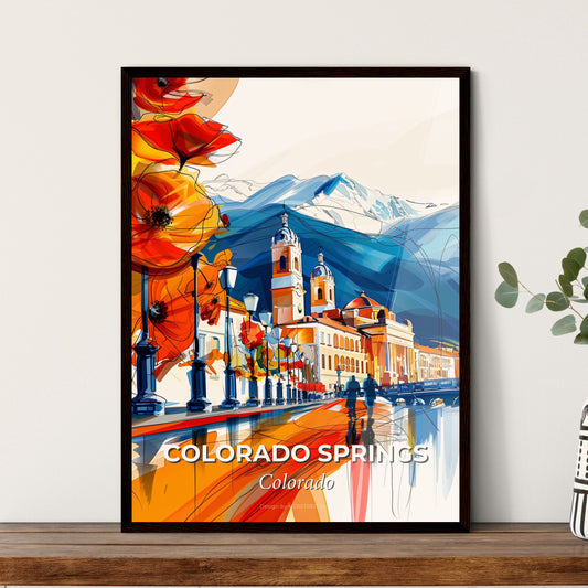 Vibrant Colorado Springs, Colorado - A Painting Of A City With A Mountain And A Lake