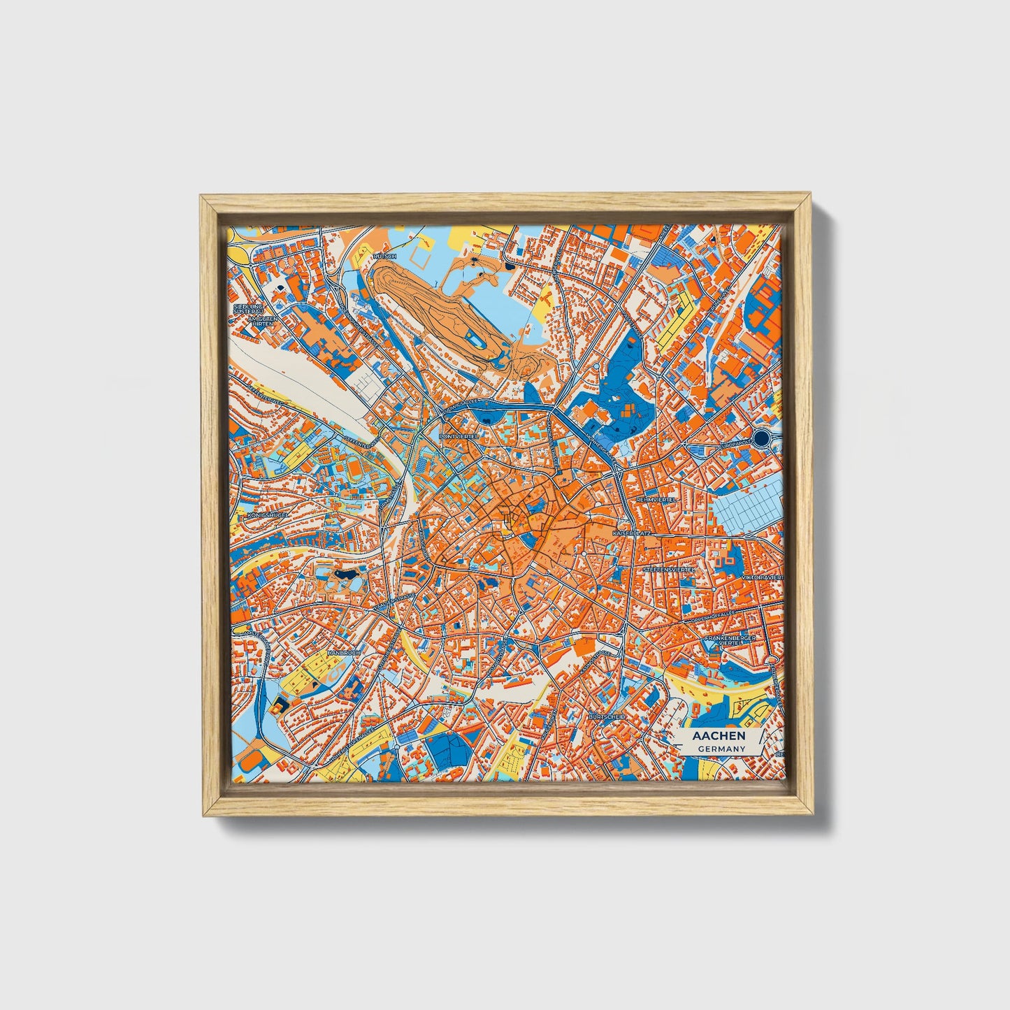 Aachen Germany Colorful City Map Canvas Print • Natural Wooden Framed