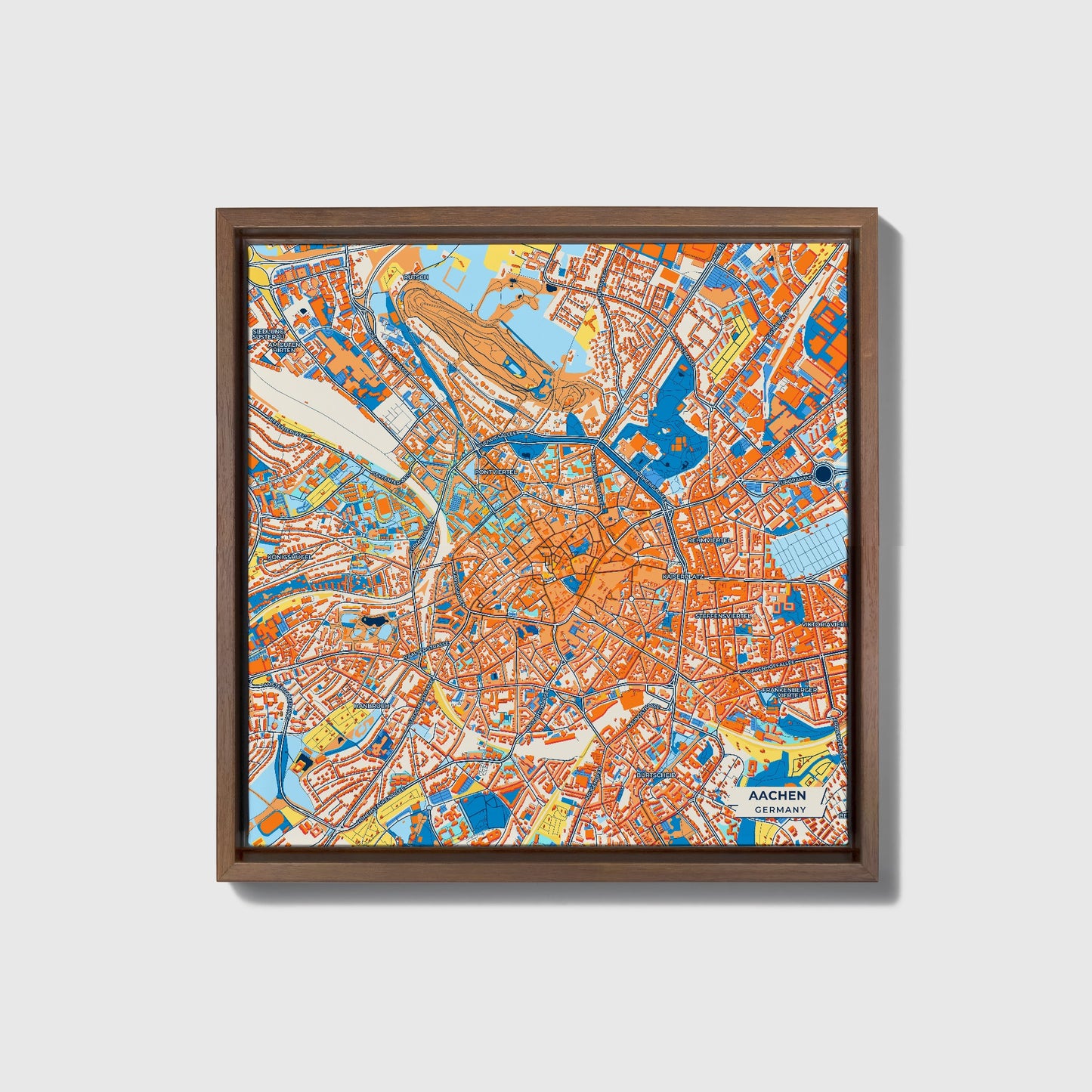 Aachen Germany Colorful City Map Canvas Print • Dark Wooden Framed