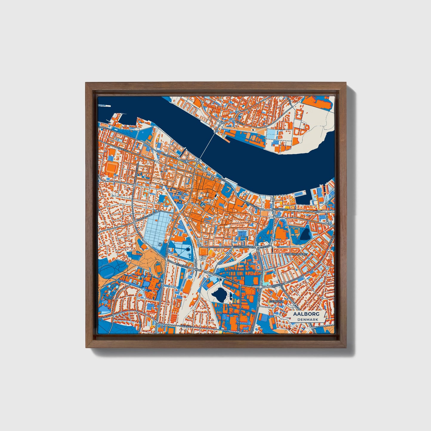 Aalborg Denmark Colorful City Map Canvas Print • Dark Wooden Framed