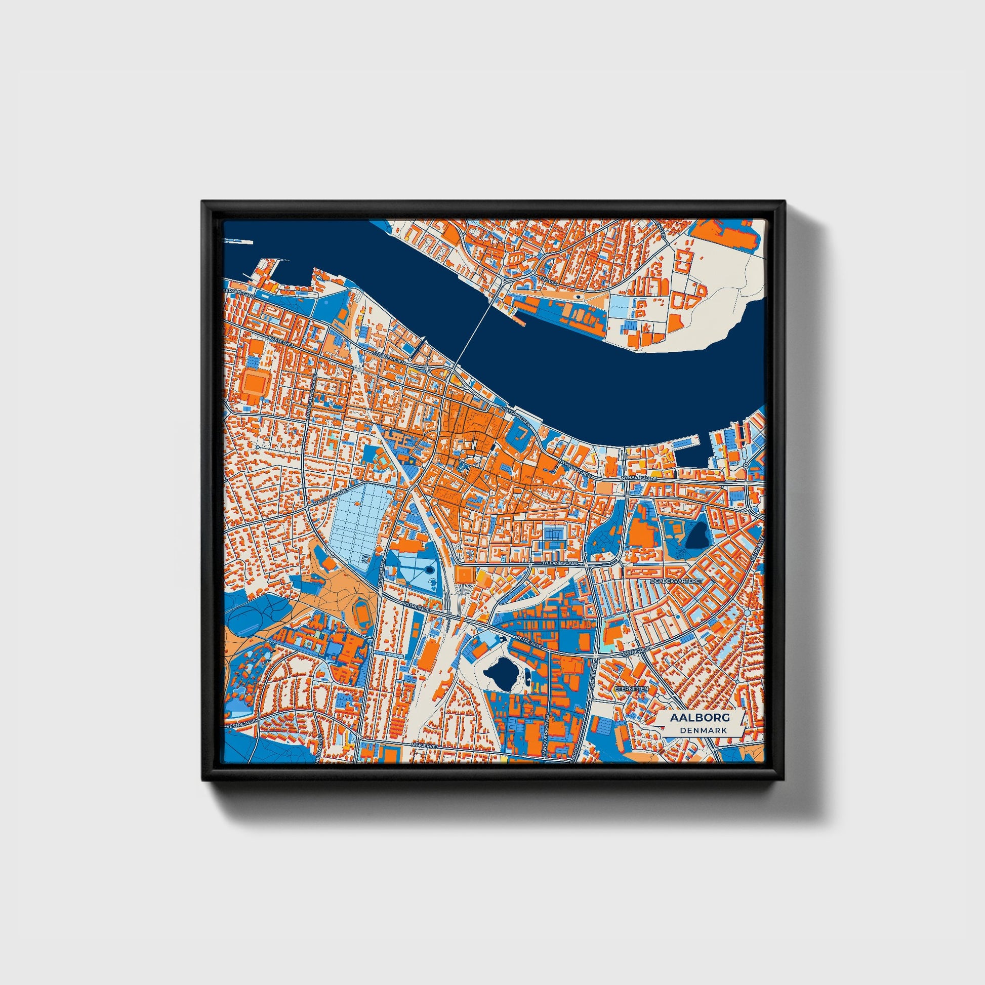 Aalborg Denmark Colorful City Map Canvas Print • Black Framed