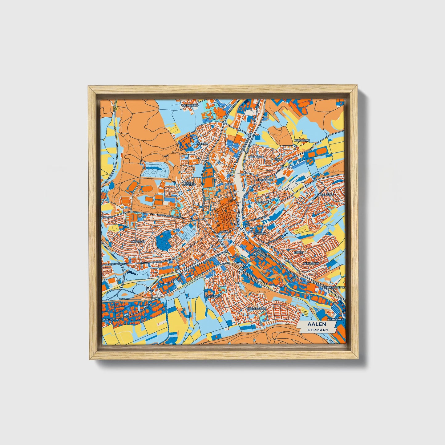 Aalen Germany Colorful City Map Canvas Print • Natural Wooden Framed