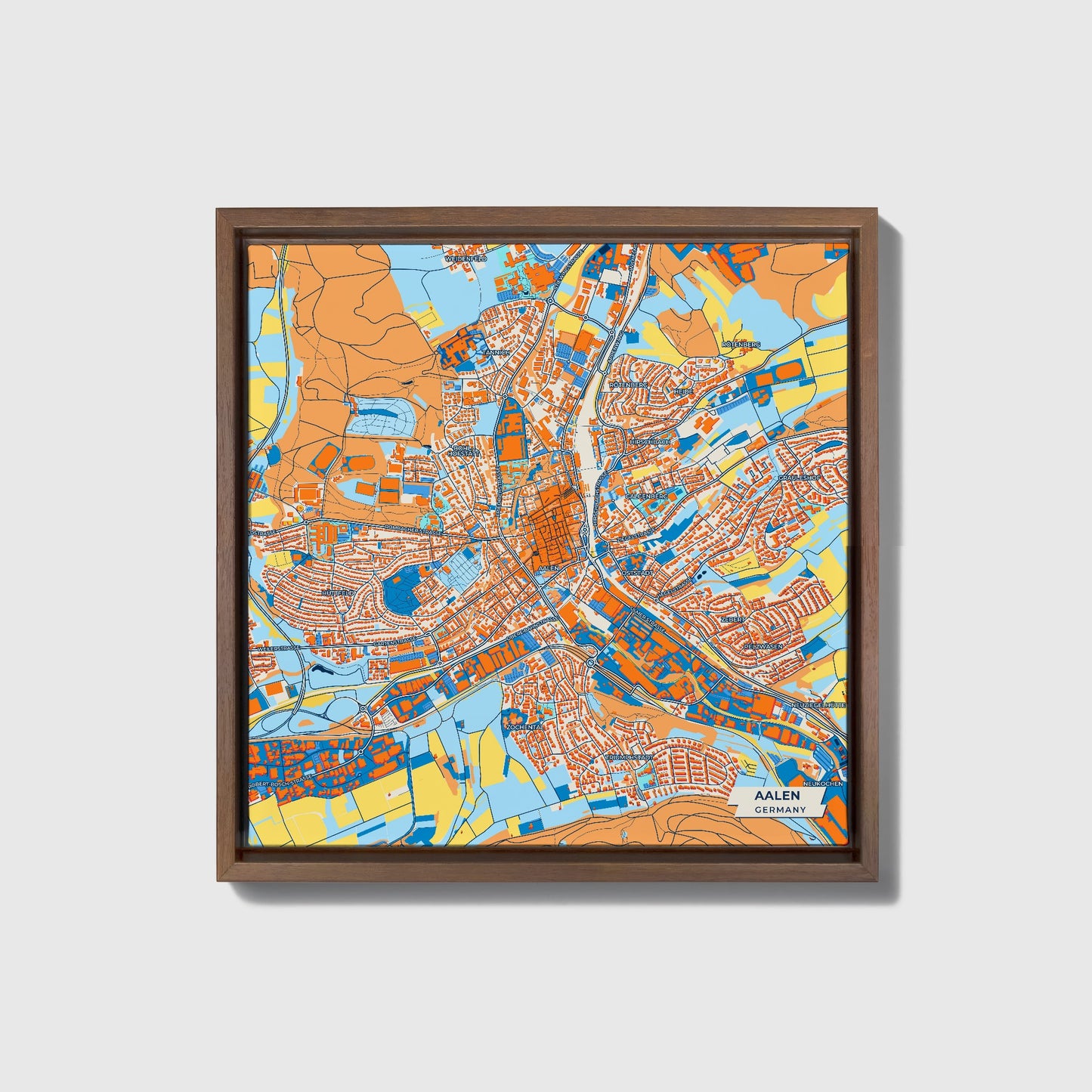 Aalen Germany Colorful City Map Canvas Print • Dark Wooden Framed