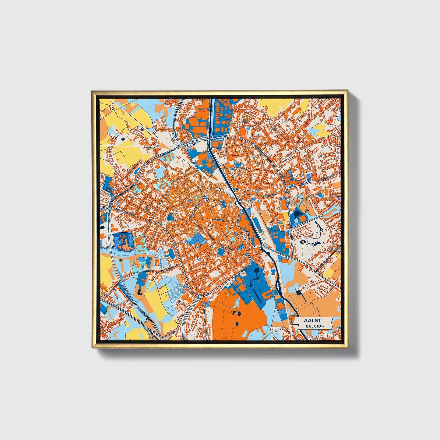 Aalst  Belgium Colorful City Map Canvas Print • Gold Framed