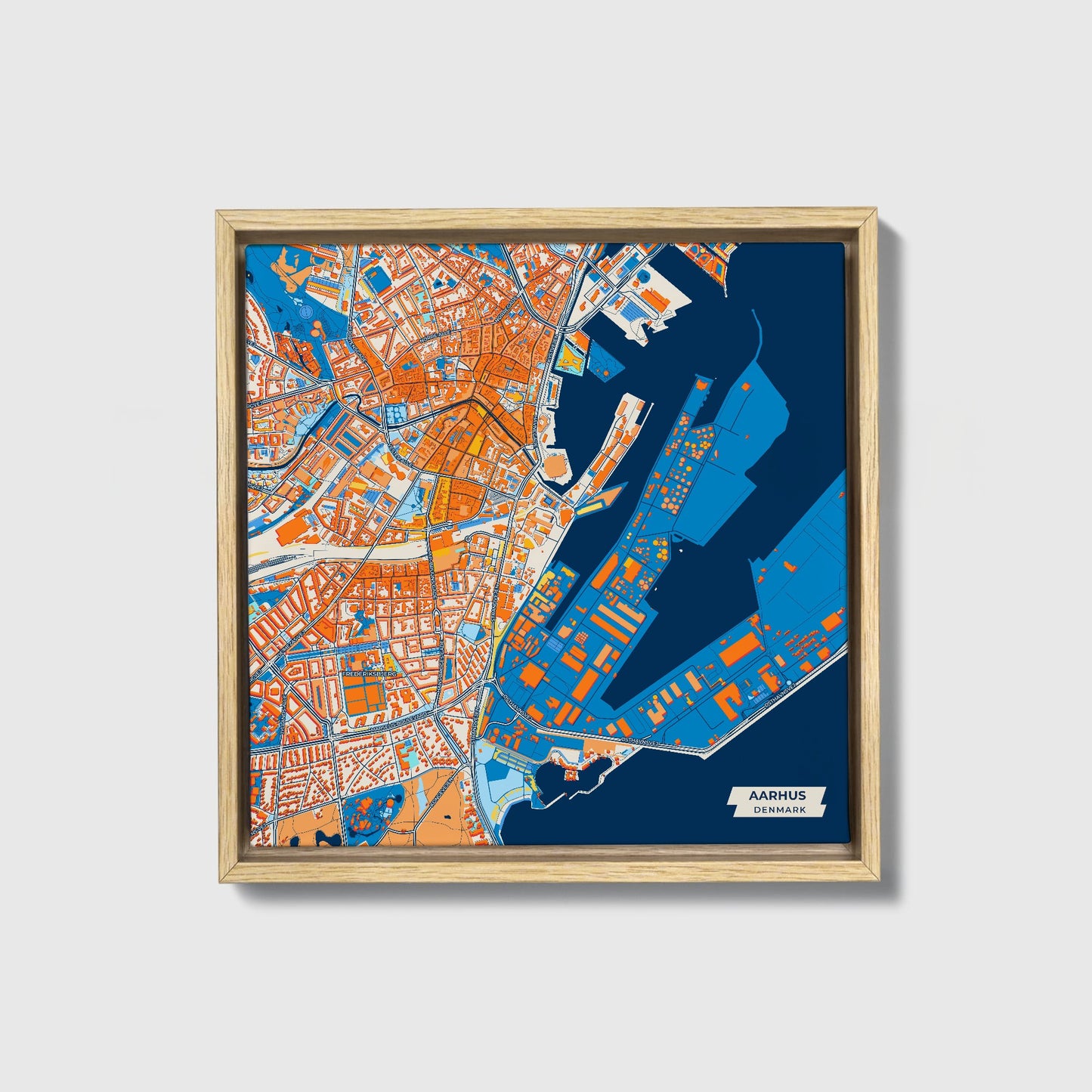 Aarhus Denmark Colorful City Map Canvas Print • Natural Wooden Framed