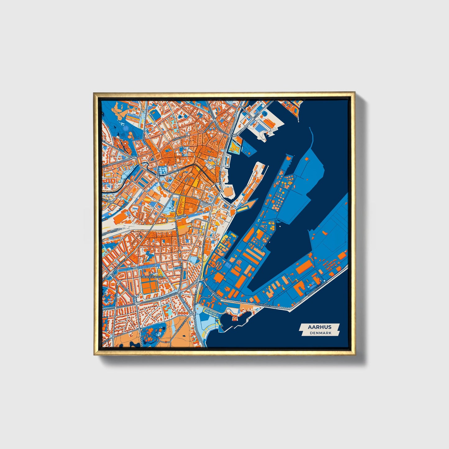 Aarhus Denmark Colorful City Map Canvas Print • Gold Framed