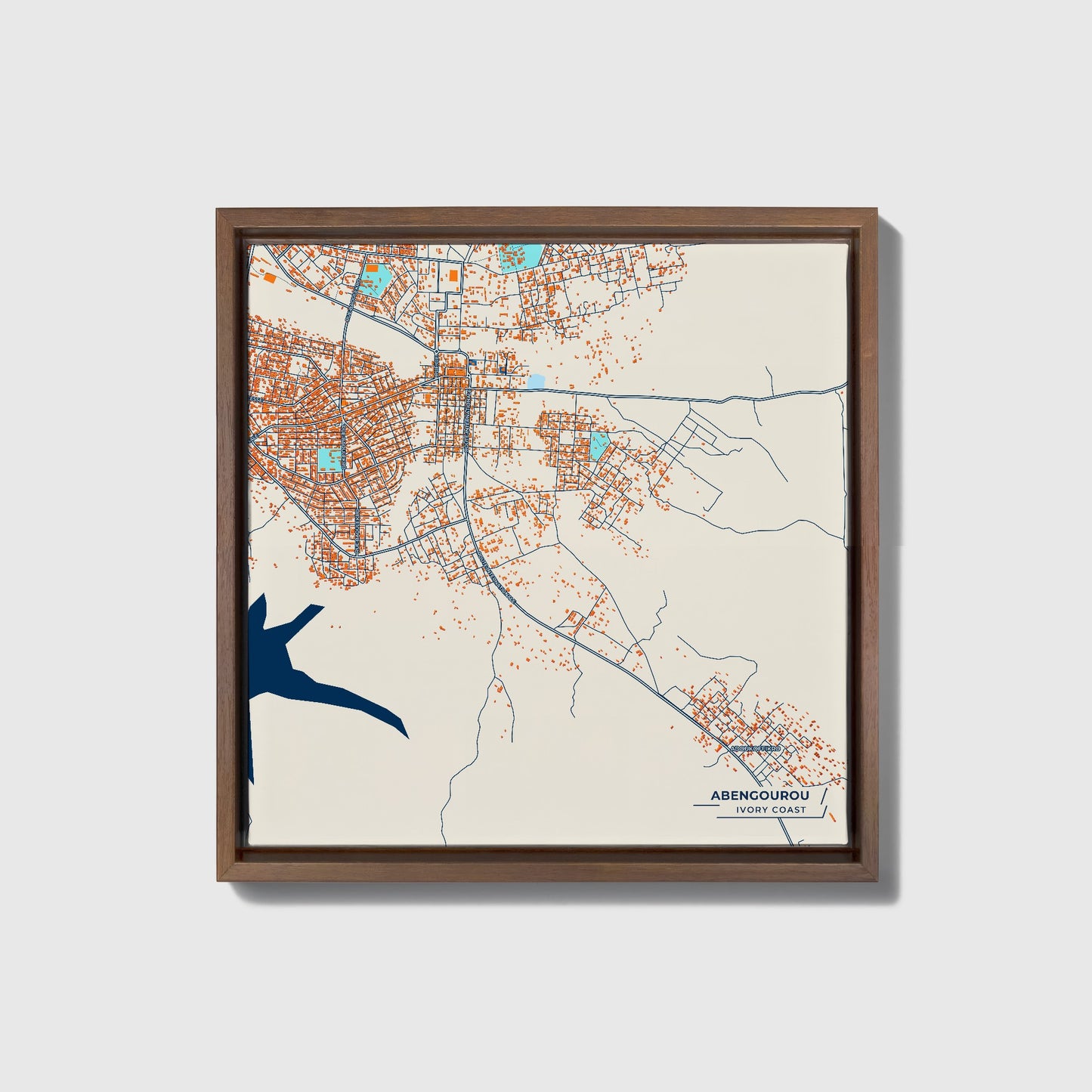Abengourou Ivory Coast Colorful City Map Canvas Print • Dark Wooden Framed