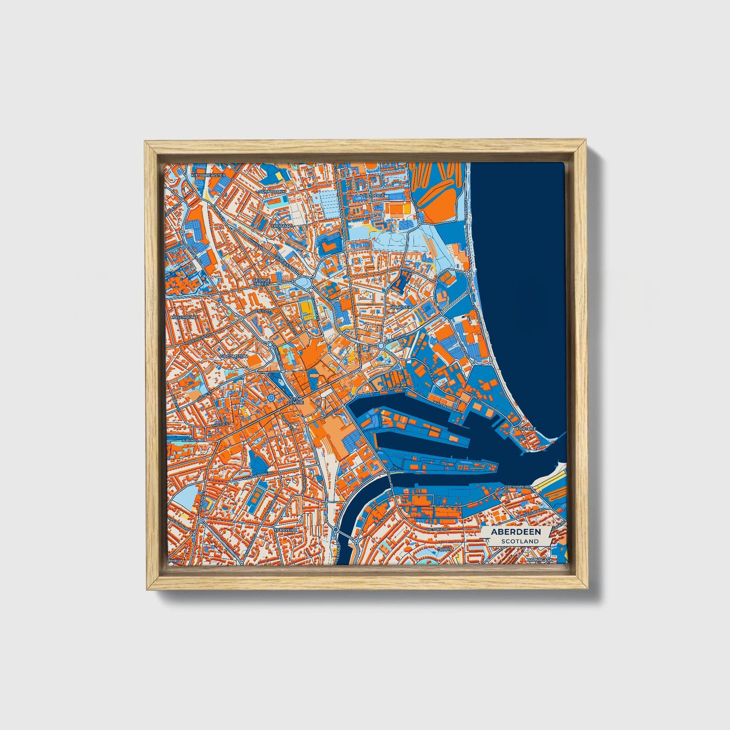 Aberdeen Scotland Colorful City Map Canvas Print • Natural Wooden Framed