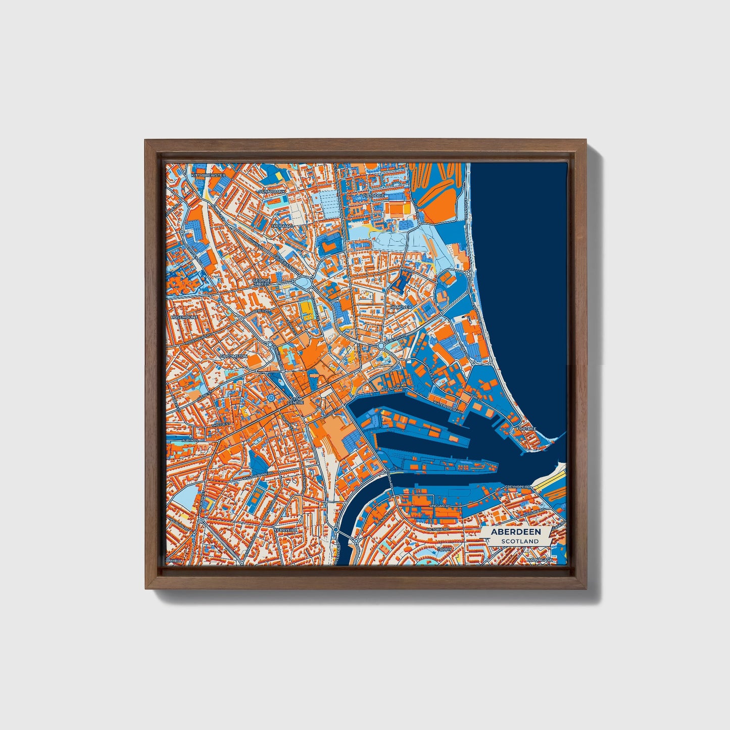 Aberdeen Scotland Colorful City Map Canvas Print • Dark Wooden Framed
