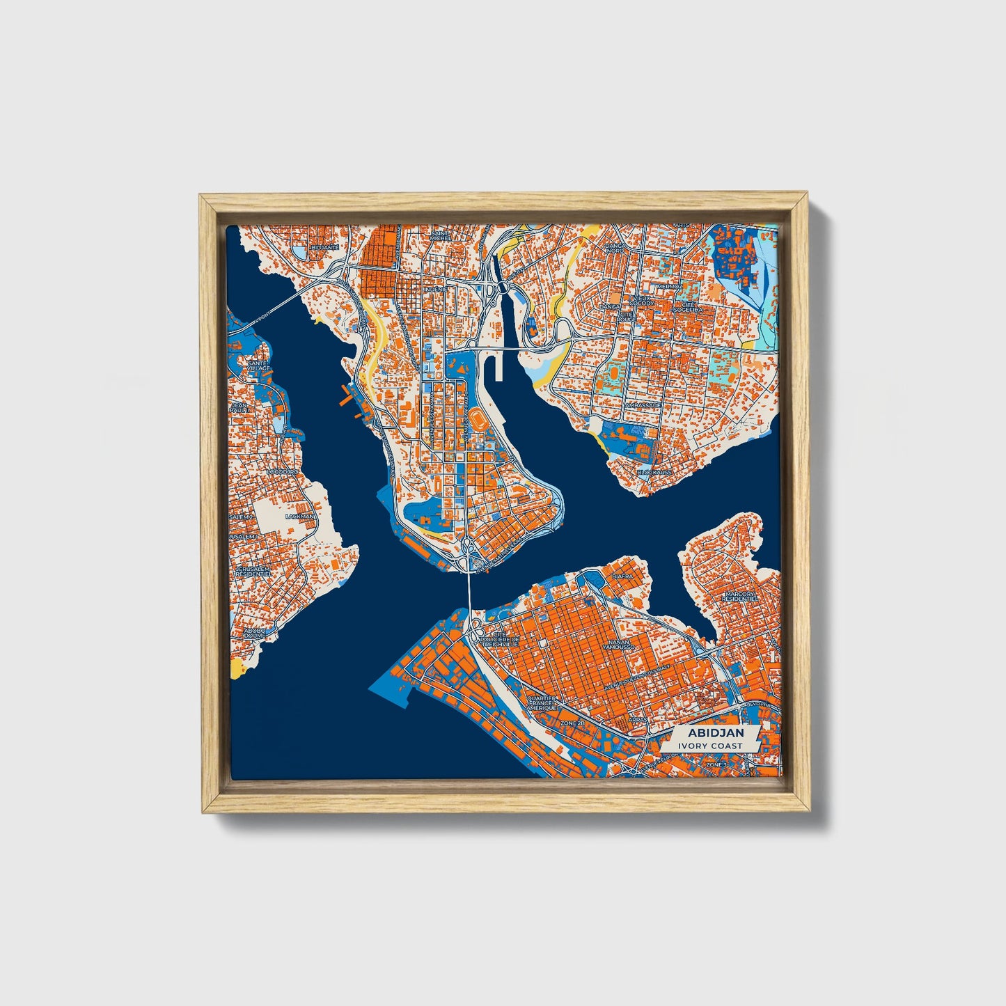 Abidjan Ivory Coast Colorful City Map Canvas Print • Natural Wooden Framed