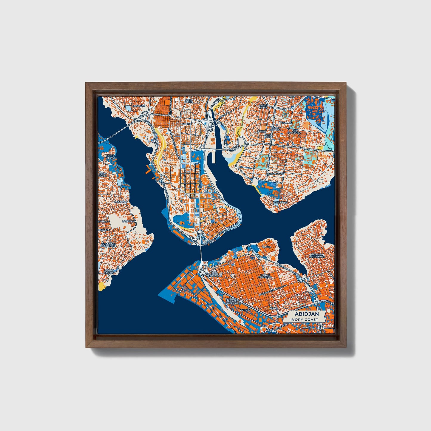 Abidjan Ivory Coast Colorful City Map Canvas Print • Dark Wooden Framed