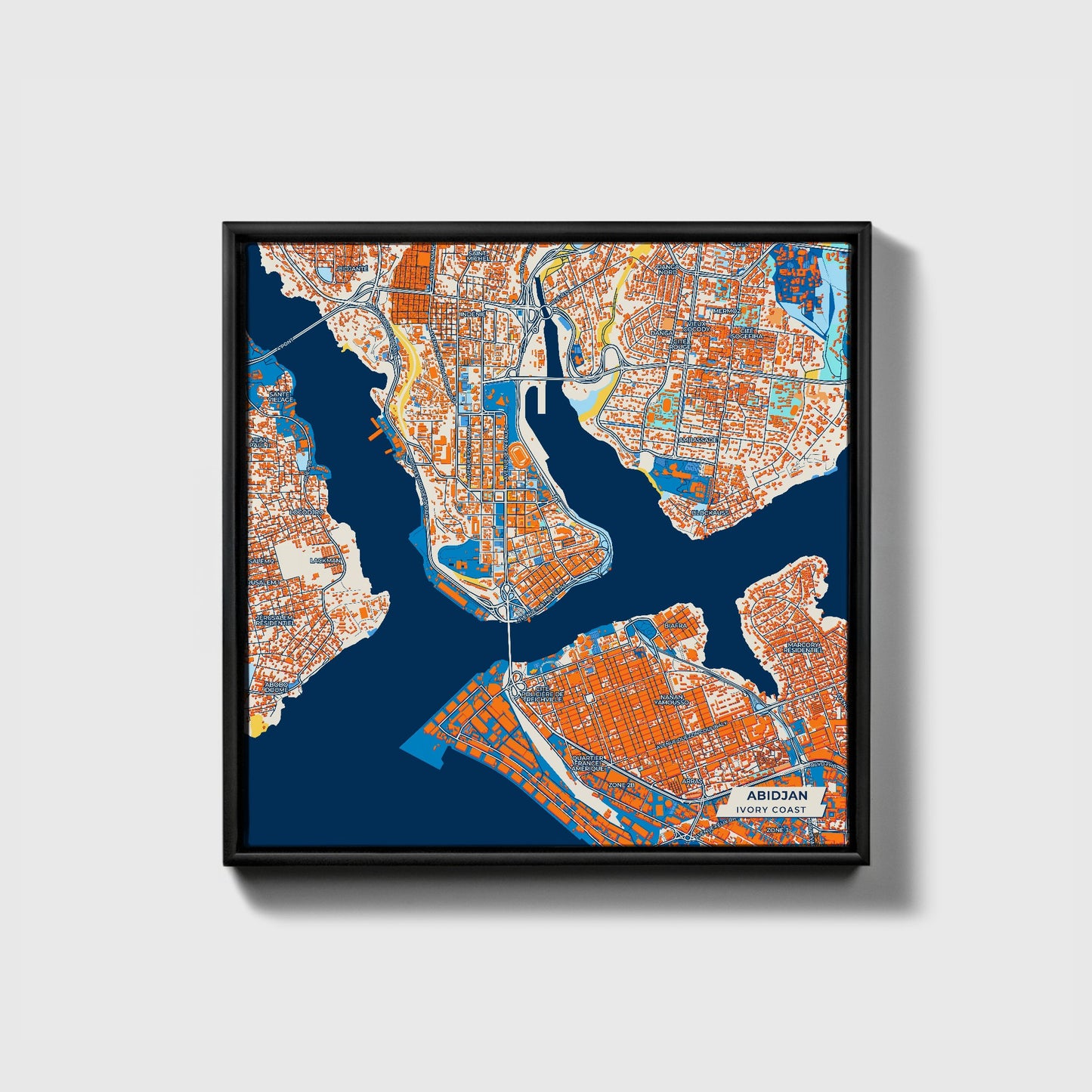 Abidjan Ivory Coast Colorful City Map Canvas Print • Black Framed