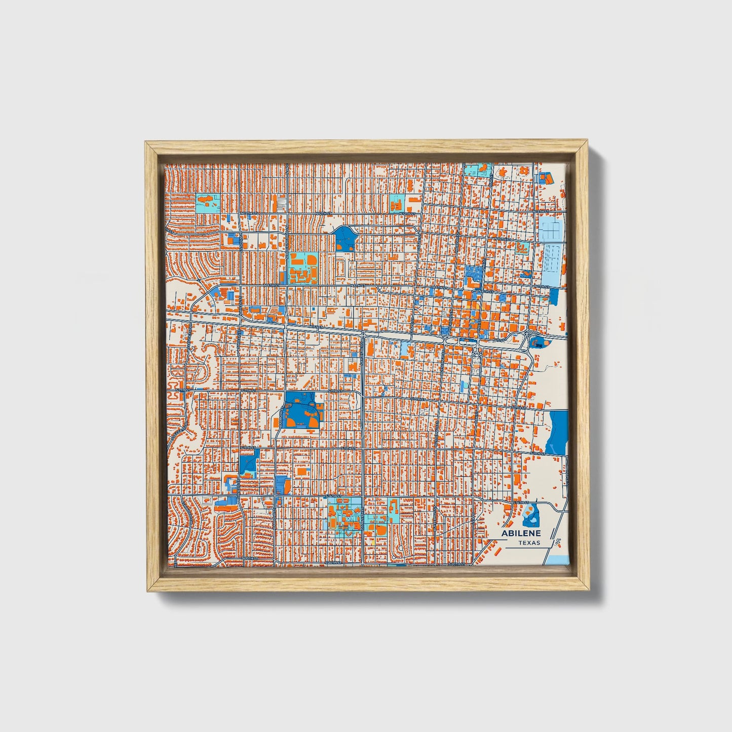 Abilene Texas Colorful City Map Canvas Print • Natural Wooden Framed