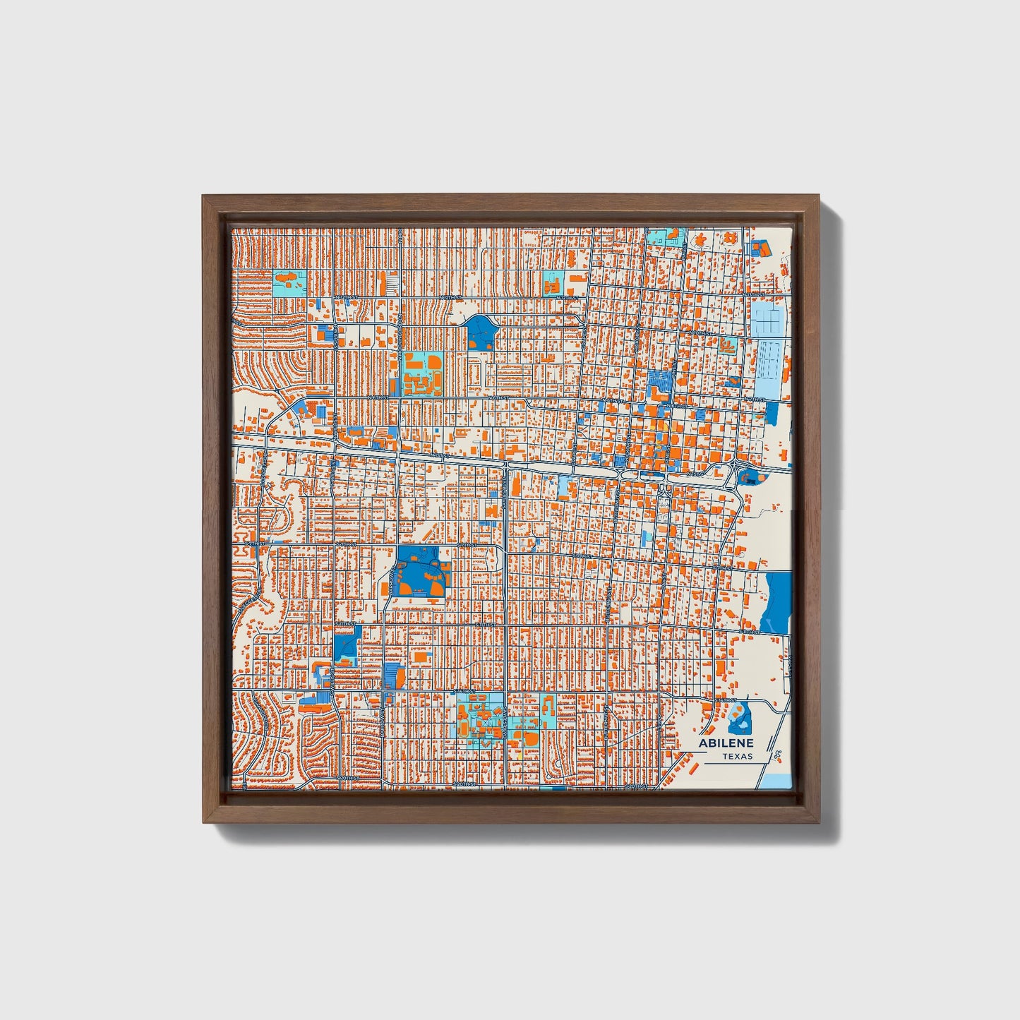 Abilene Texas Colorful City Map Canvas Print • Dark Wooden Framed