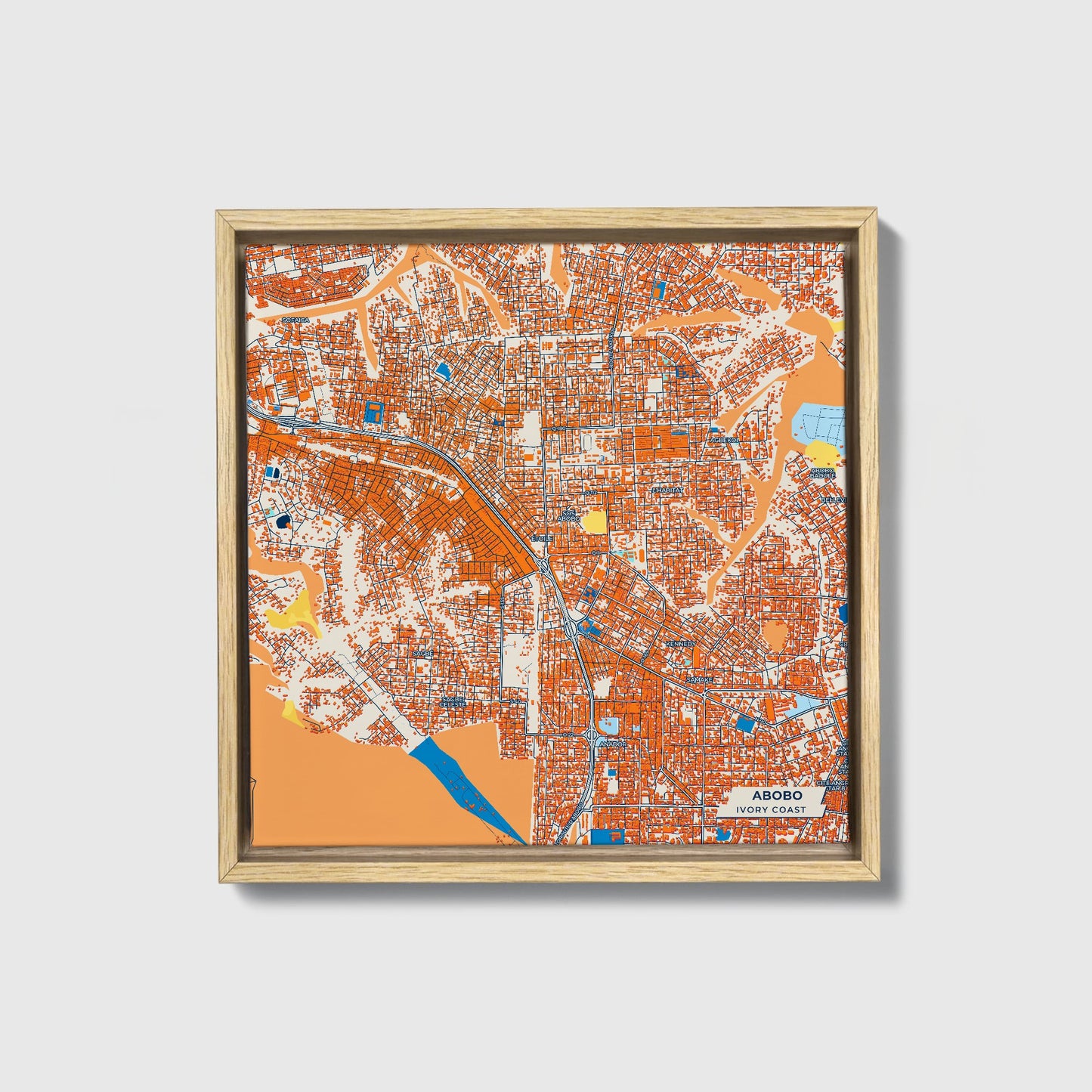 Abobo Ivory Coast Colorful City Map Canvas Print • Natural Wooden Framed
