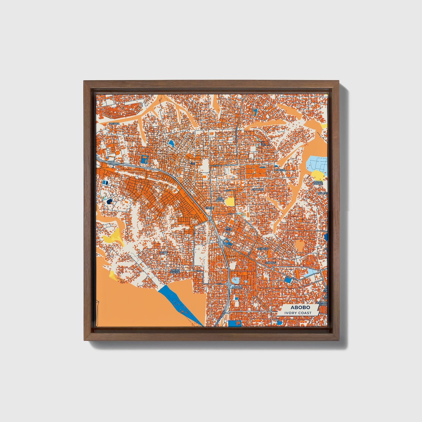 Abobo Ivory Coast Colorful City Map Canvas Print • Dark Wooden Framed