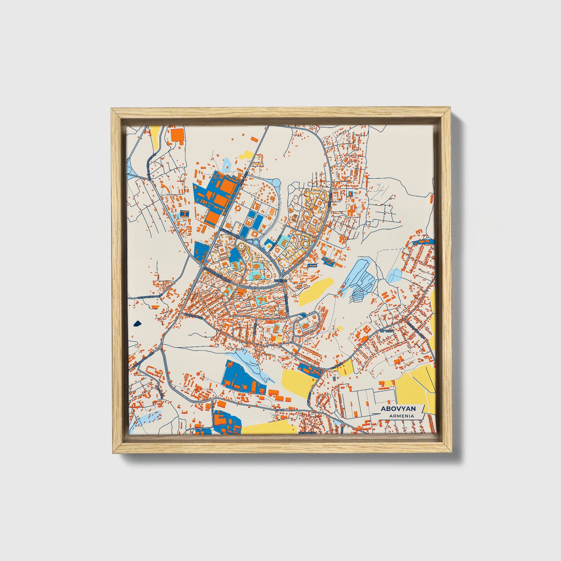 Abovyan Armenia Colorful City Map Canvas Print • Natural Wooden Framed