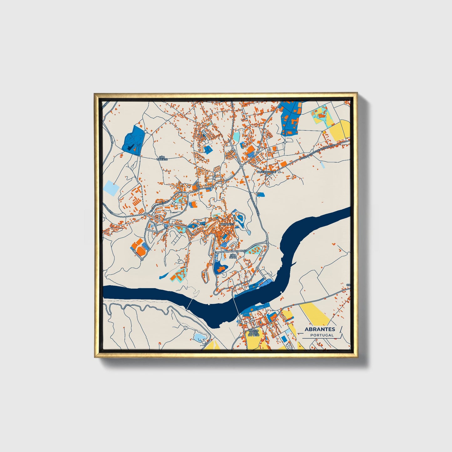 Abrantes Portugal Colorful City Map Canvas Print • Gold Framed