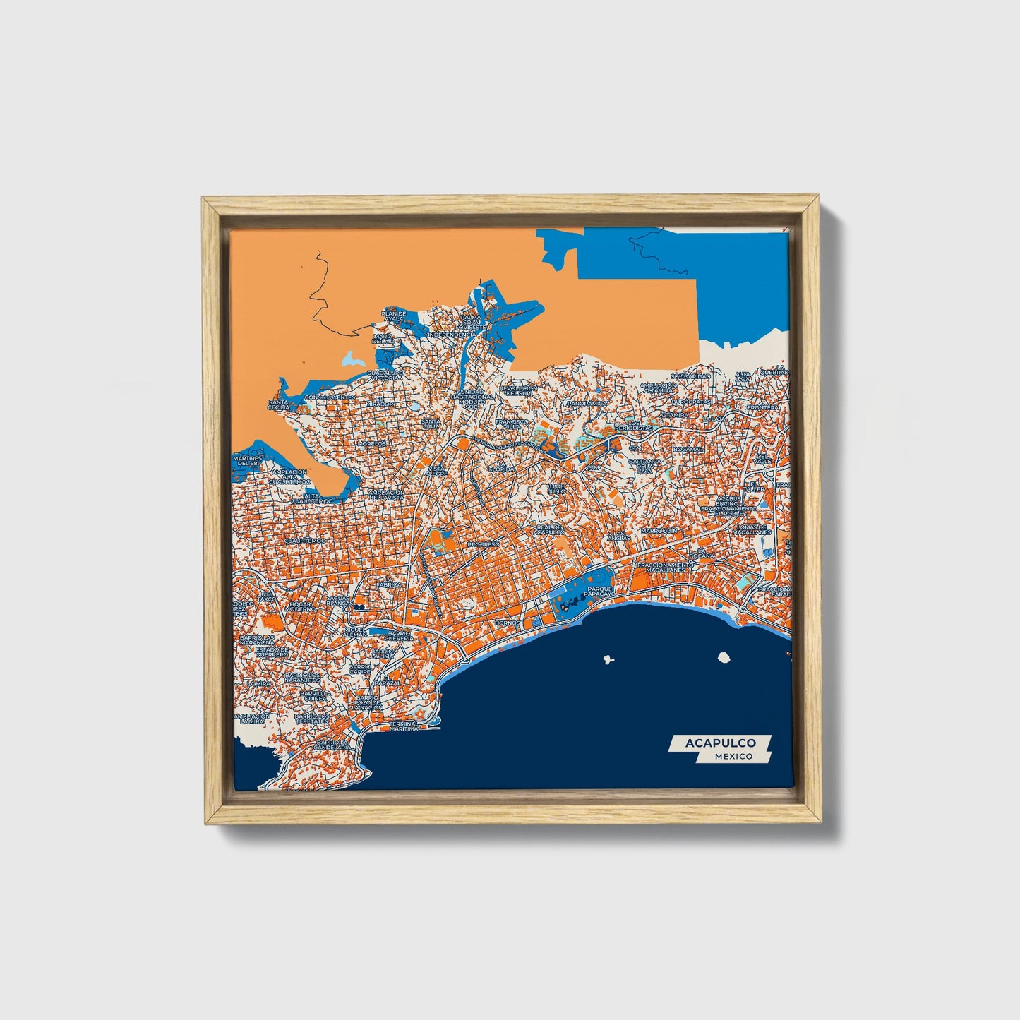 Acapulco Mexico Colorful City Map Canvas Print • Natural Wooden Framed
