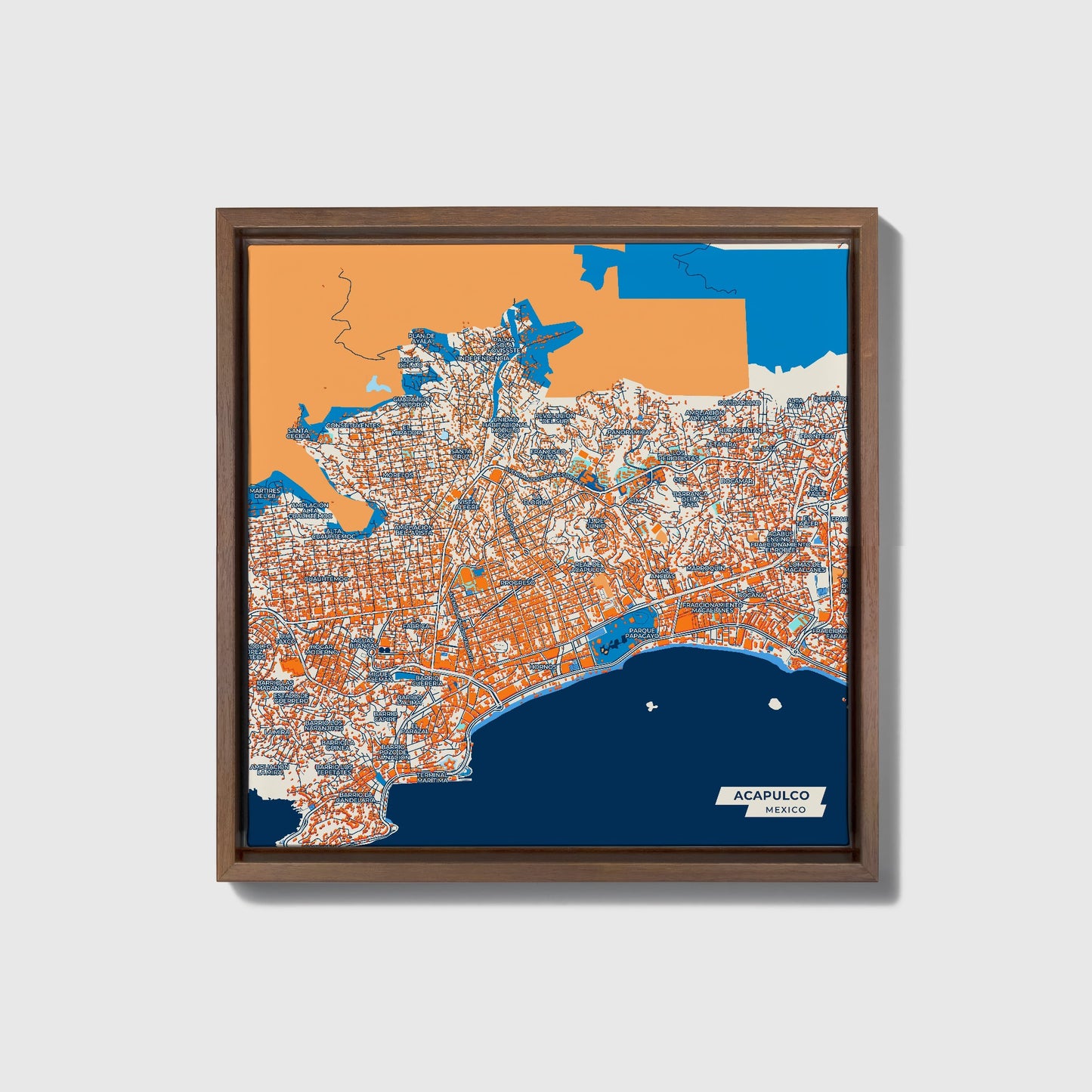 Acapulco Mexico Colorful City Map Canvas Print • Dark Wooden Framed