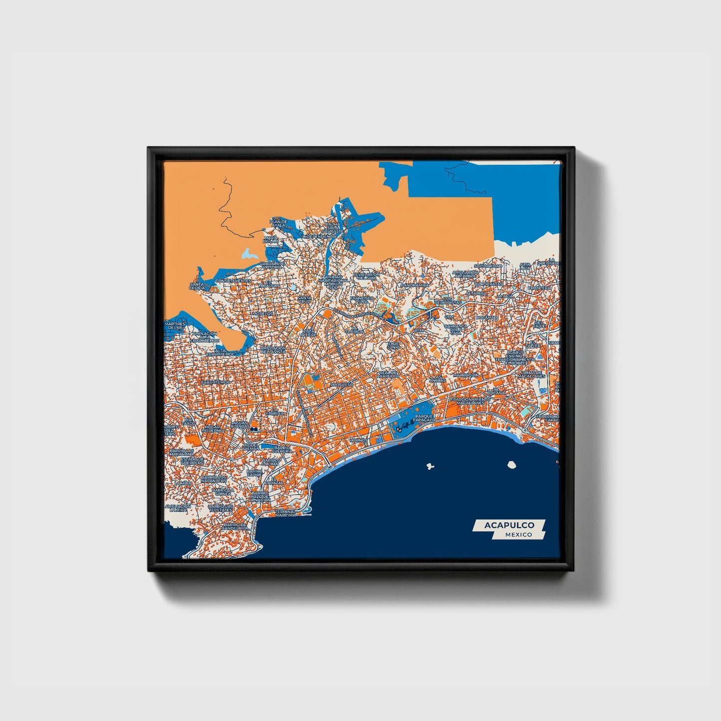 Acapulco Mexico Colorful City Map Canvas Print • Black Framed