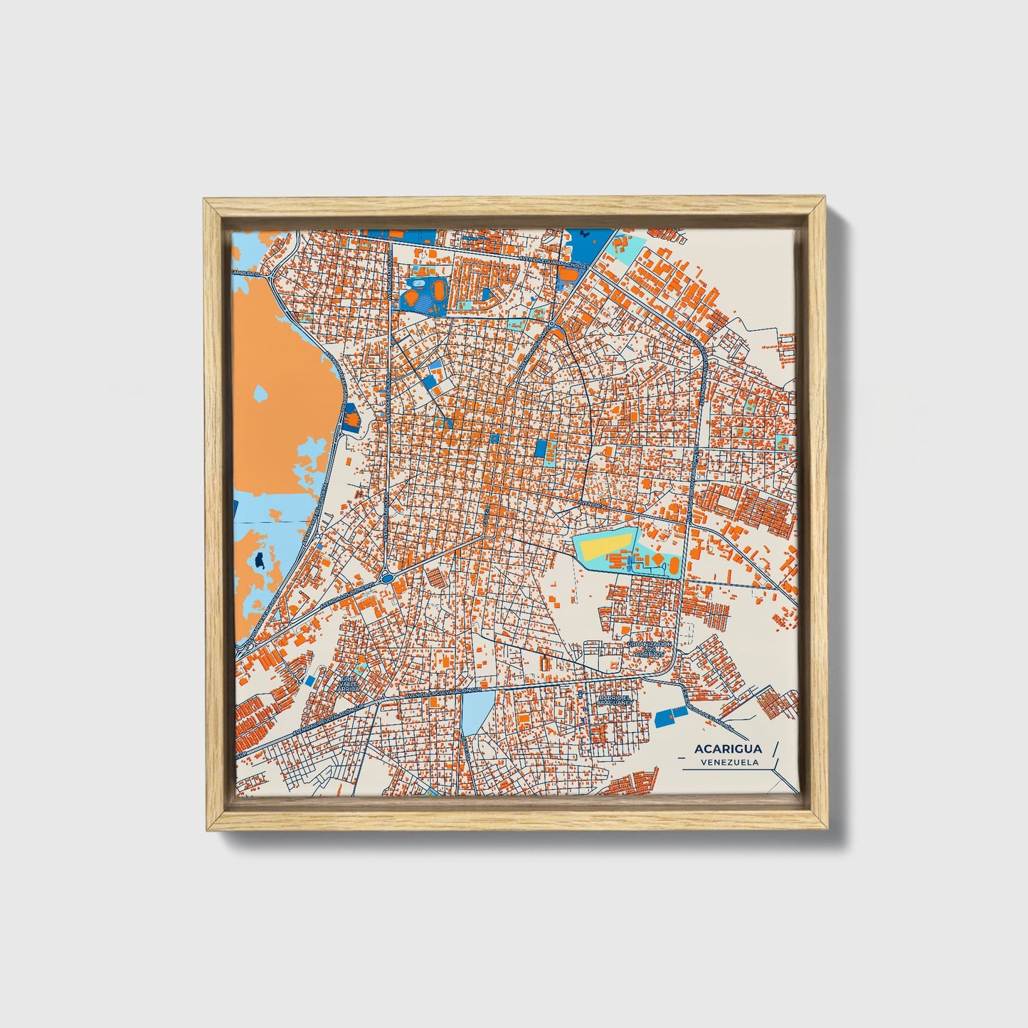 Acarigua Venezuela Colorful City Map Canvas Print • Natural Wooden Framed