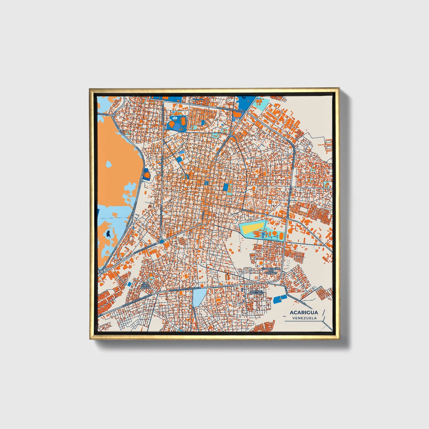 Acarigua Venezuela Colorful City Map Canvas Print • Gold Framed
