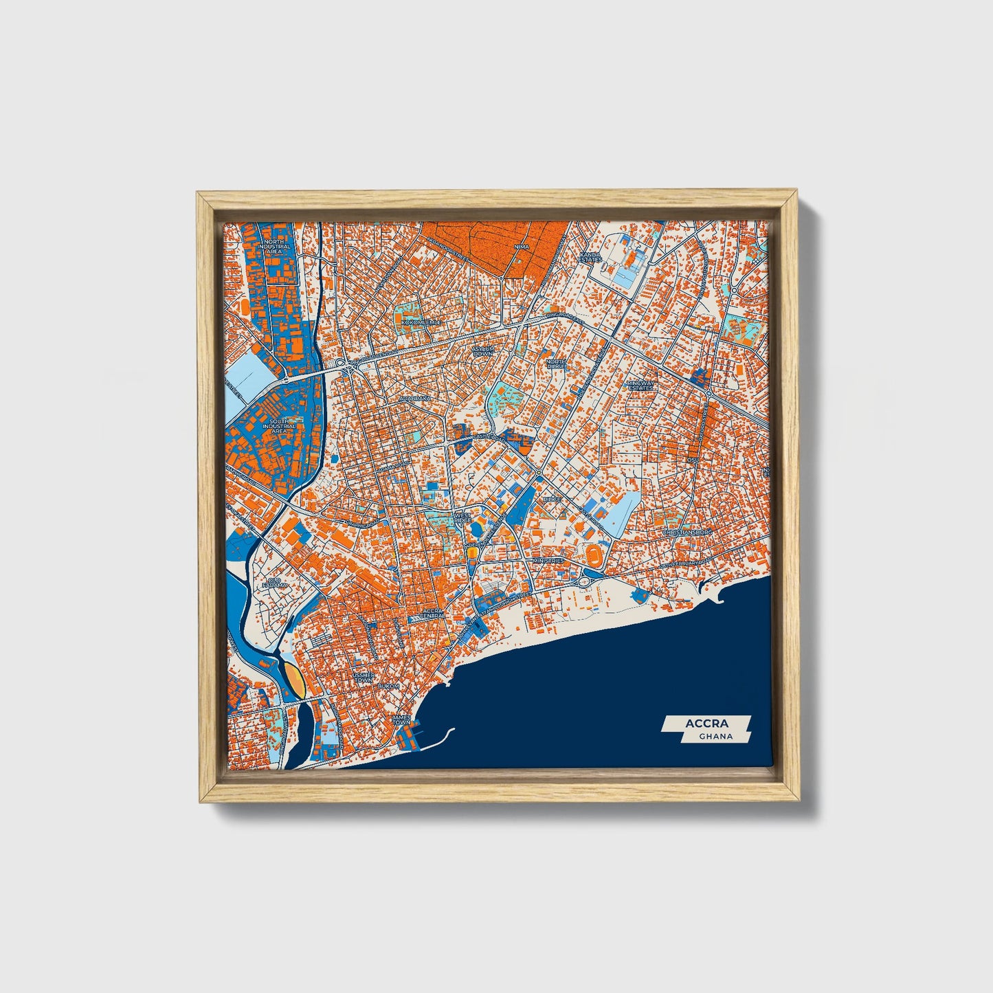 Accra Ghana Colorful City Map Canvas Print • Natural Wooden Framed