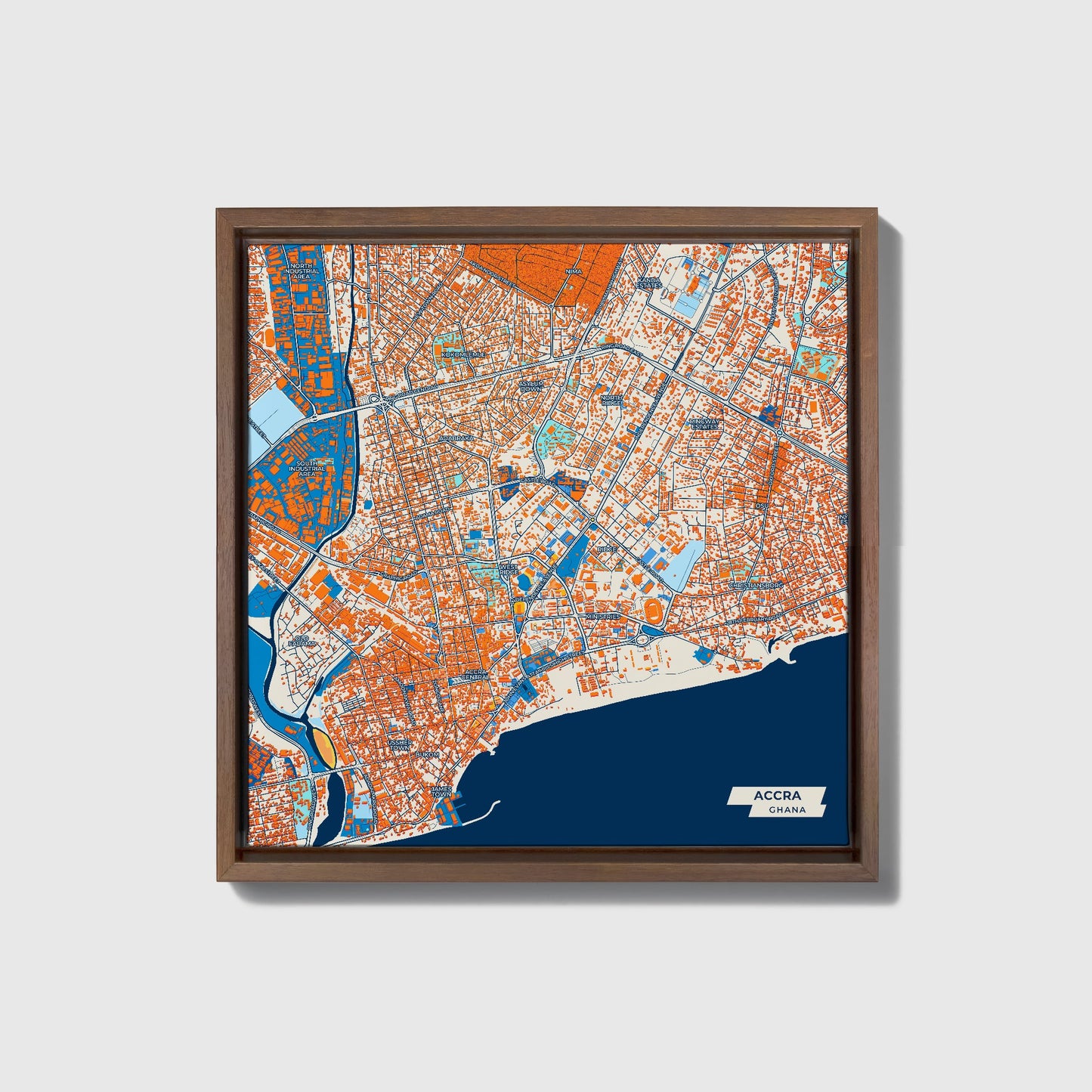 Accra Ghana Colorful City Map Canvas Print • Dark Wooden Framed