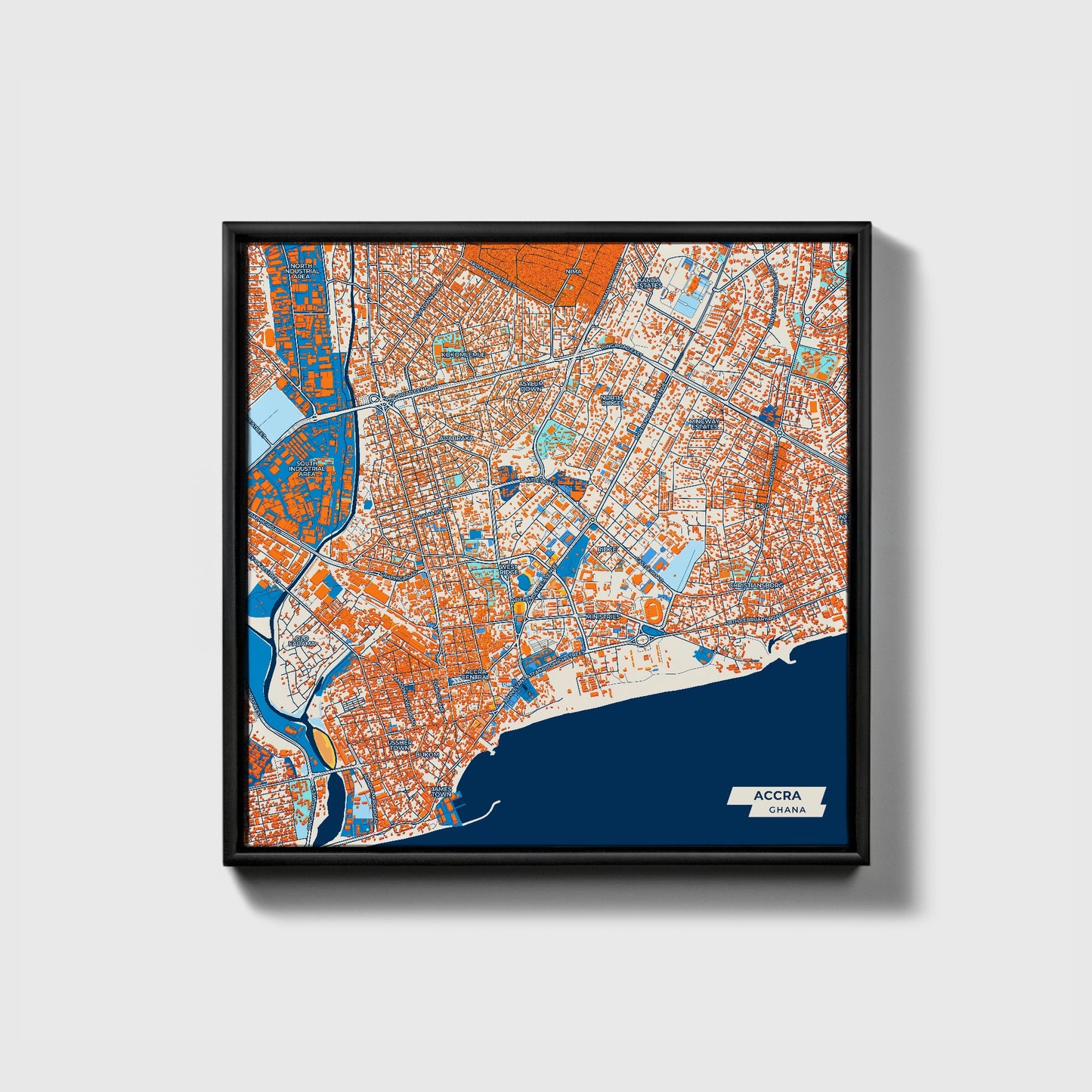 Accra Ghana Colorful City Map Canvas Print • Black Framed