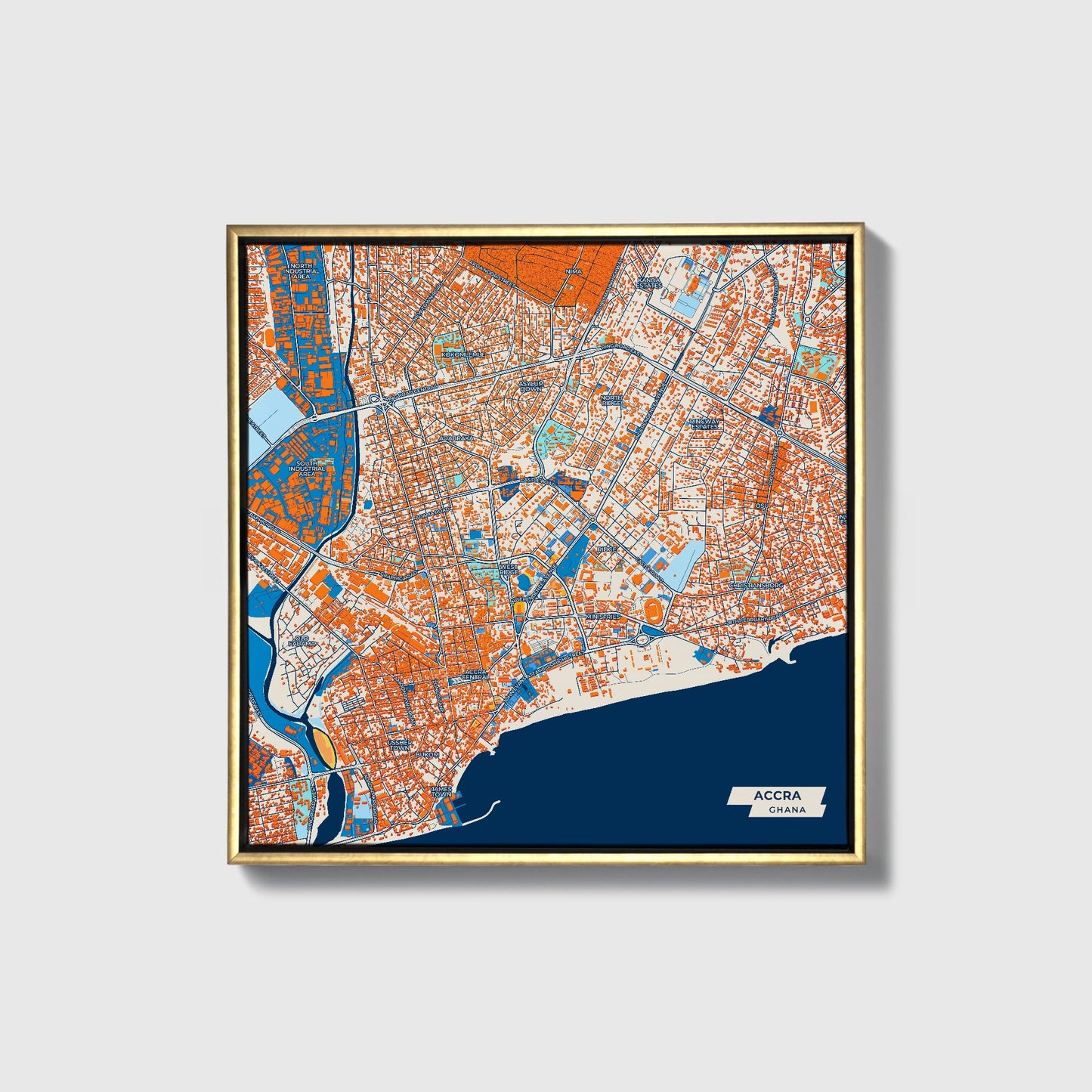 Accra Ghana Colorful City Map Canvas Print • Gold Framed